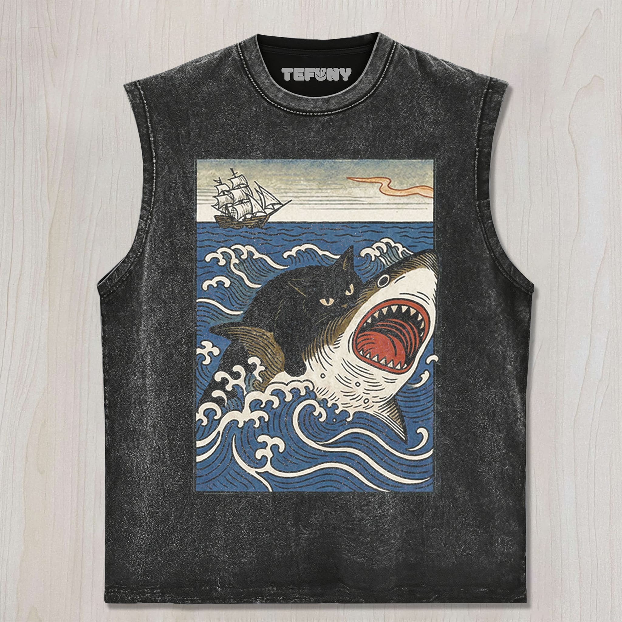 CAT RIDING SHARK RETRO UNISEX TEE, TANK TOP, LAYERED LS, SWEATSHIRT & HOODIE