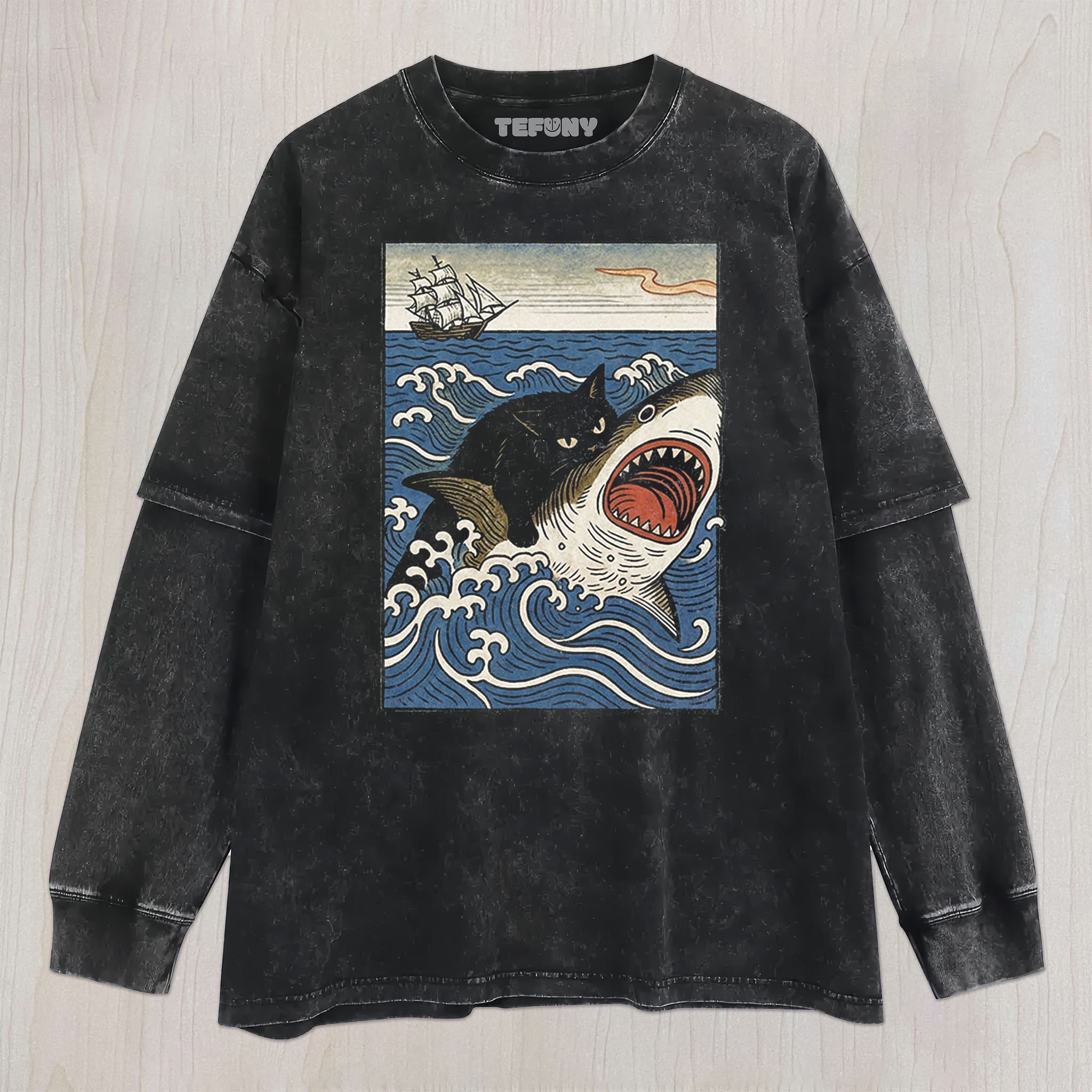 CAT RIDING SHARK RETRO UNISEX TEE, TANK TOP, LAYERED LS, SWEATSHIRT & HOODIE