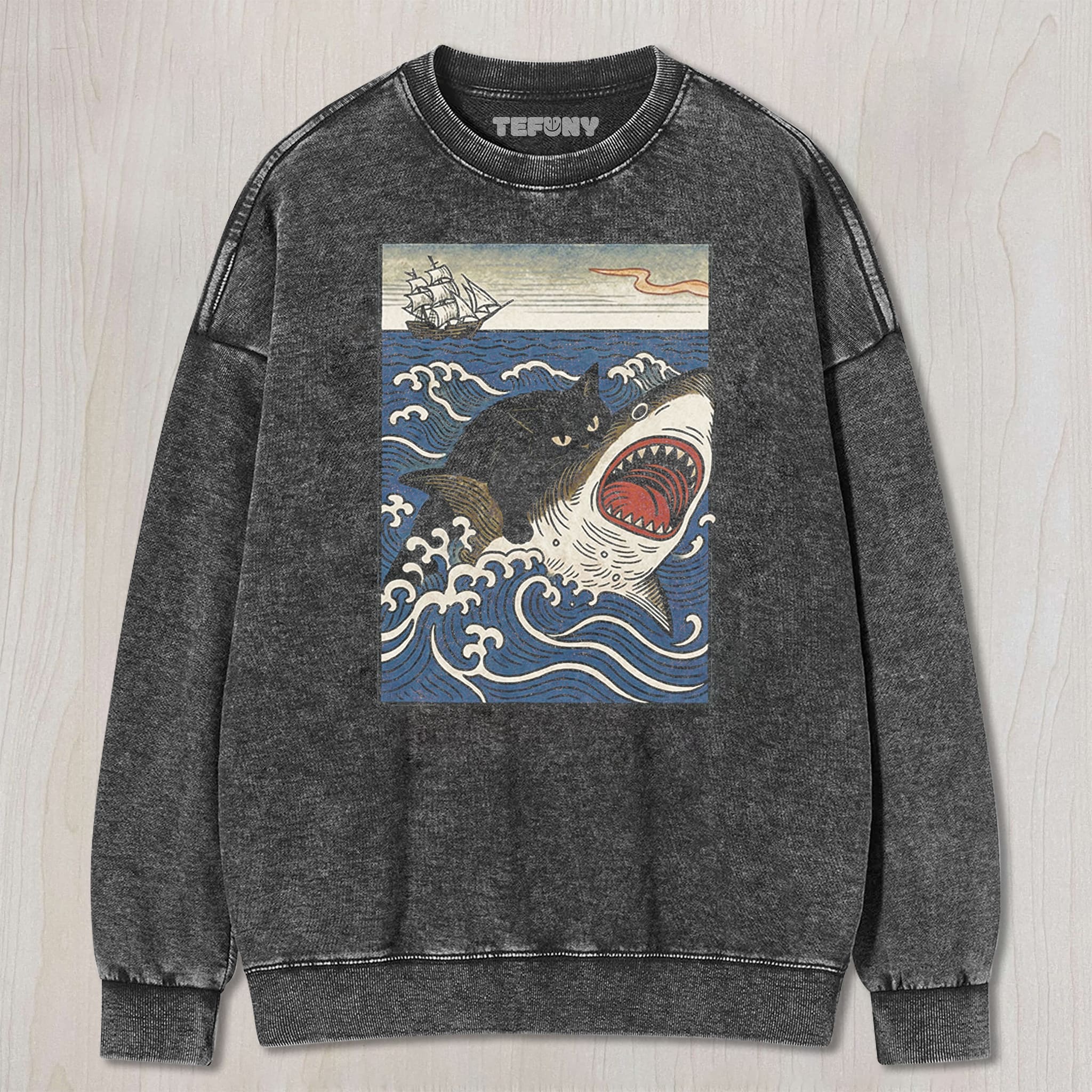 CAT RIDING SHARK RETRO UNISEX TEE, TANK TOP, LAYERED LS, SWEATSHIRT & HOODIE