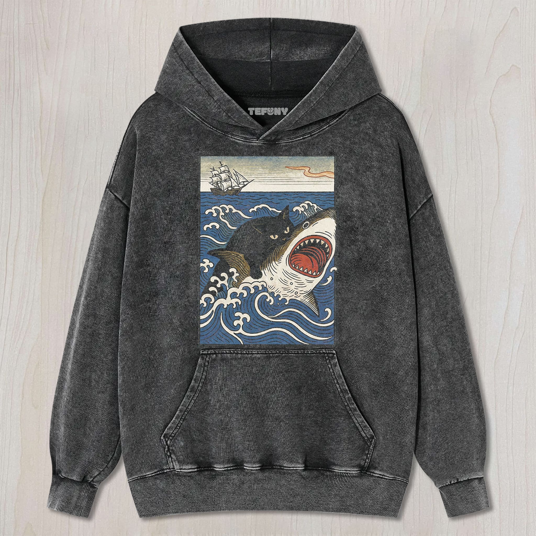 CAT RIDING SHARK RETRO UNISEX TEE, TANK TOP, LAYERED LS, SWEATSHIRT & HOODIE