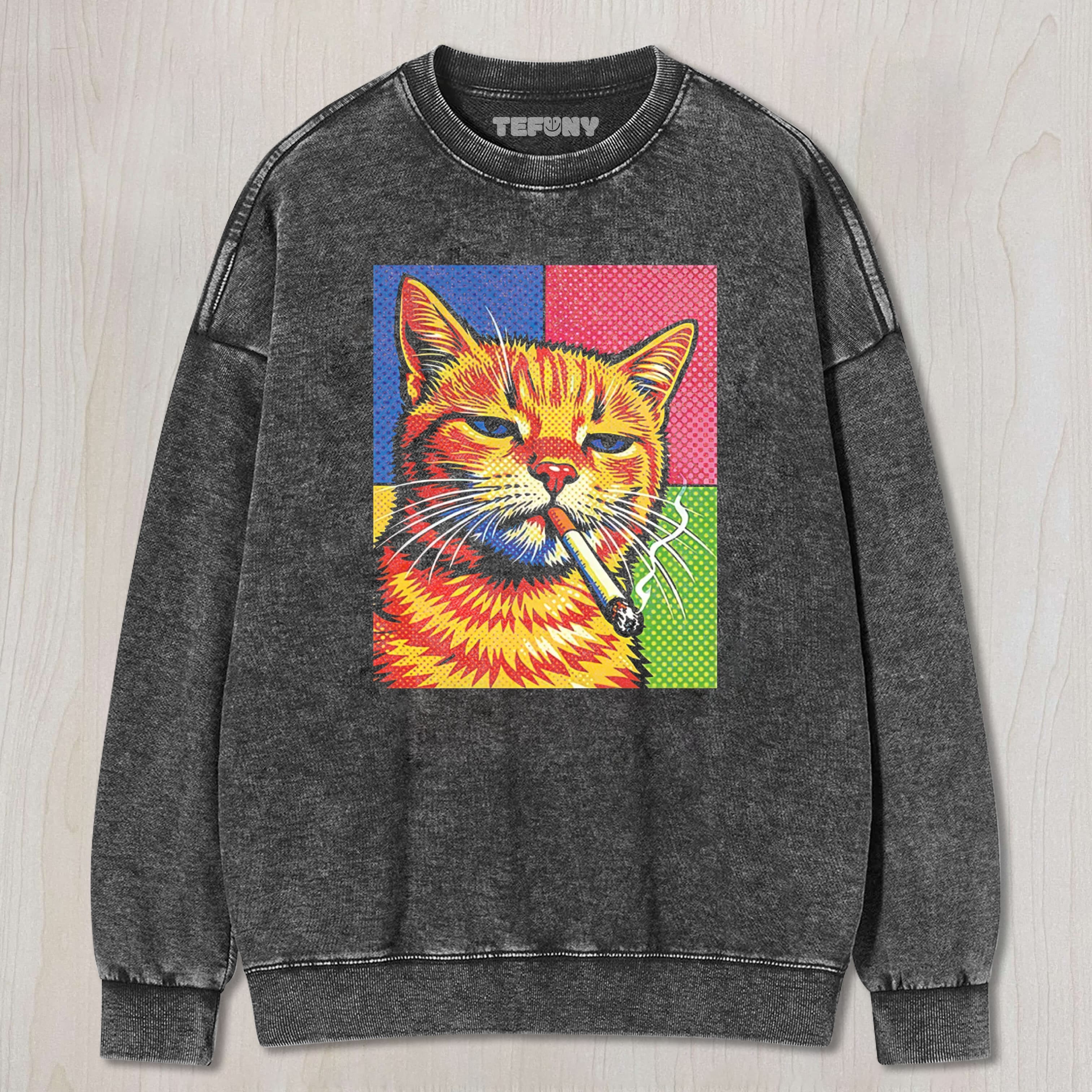 CAT SMOKING CIGARETTE UNISEX TEE, TANK TOP, LAYERED LS, SWEATSHIRT & HOODIE