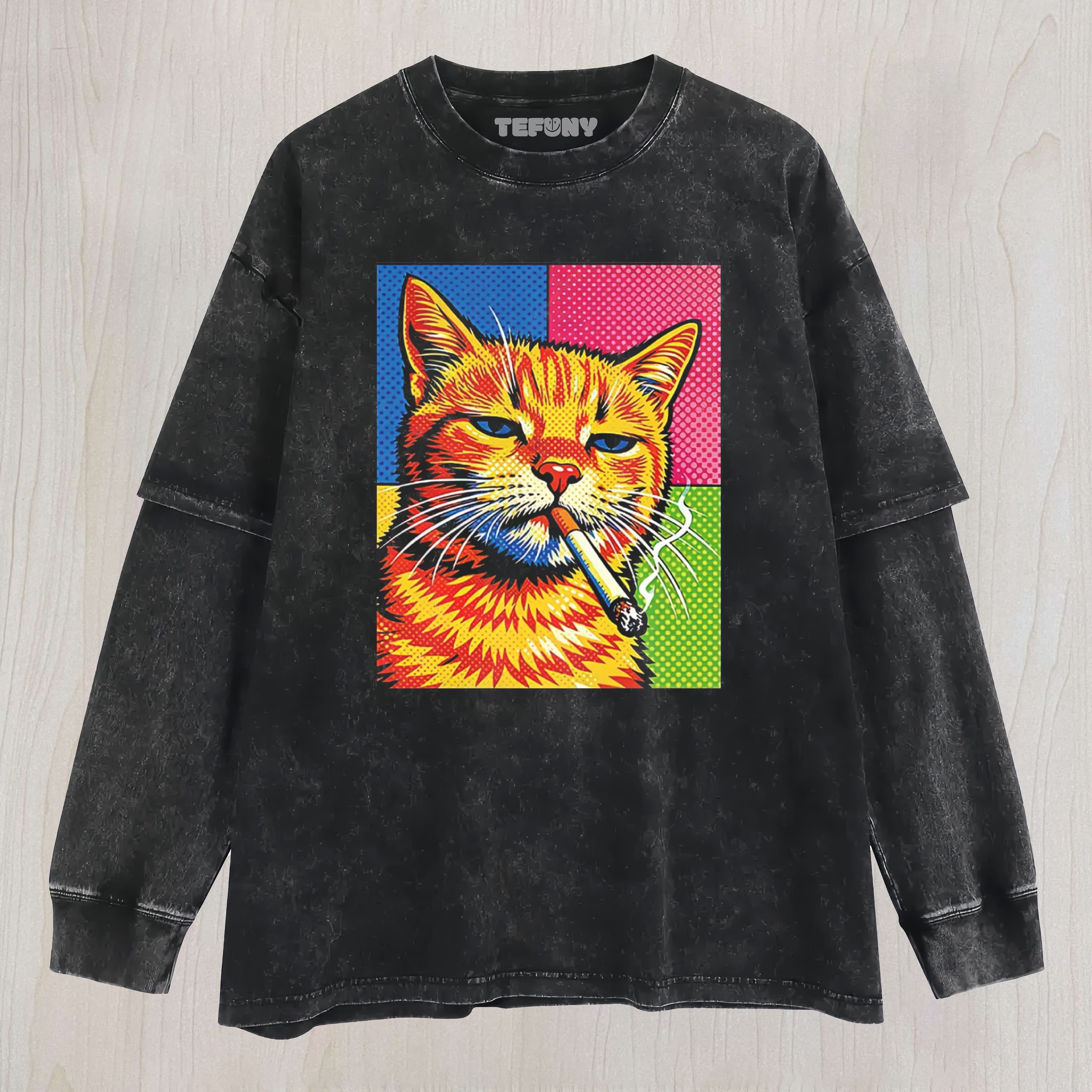 CAT SMOKING CIGARETTE UNISEX TEE, TANK TOP, LAYERED LS, SWEATSHIRT & HOODIE