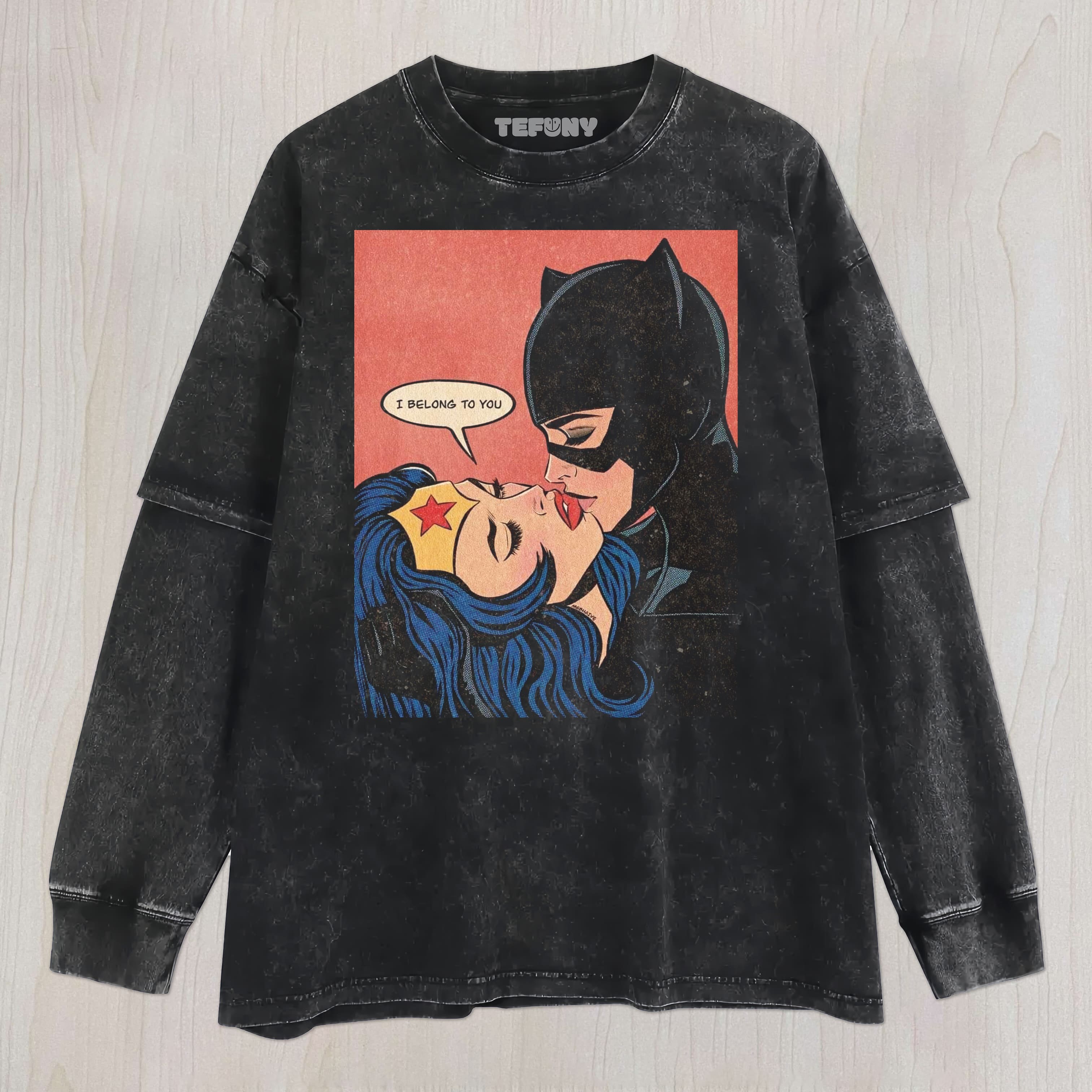 CATW AND WONDER WOMAN KISS UNISEX TEE, TANK TOP, LAYERED LS, SWEATSHIRT & HOODIE