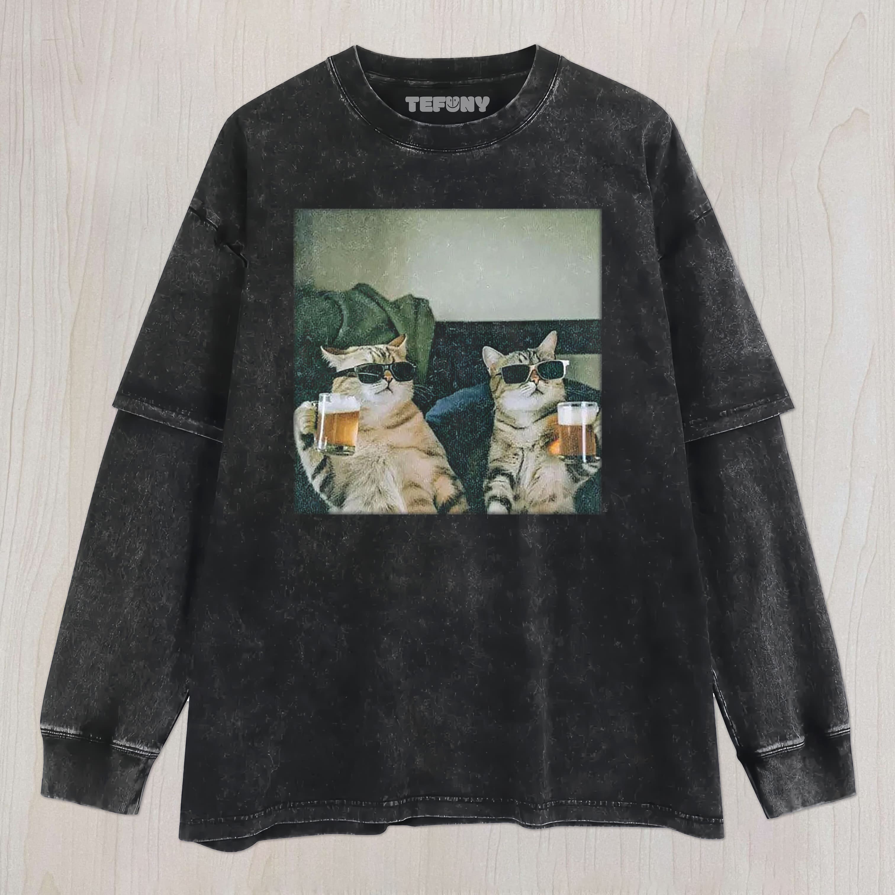 CAT BEER MEME V5 UNISEX TEE, TANK TOP, LAYERED LS, SWEATSHIRT & HOODIE