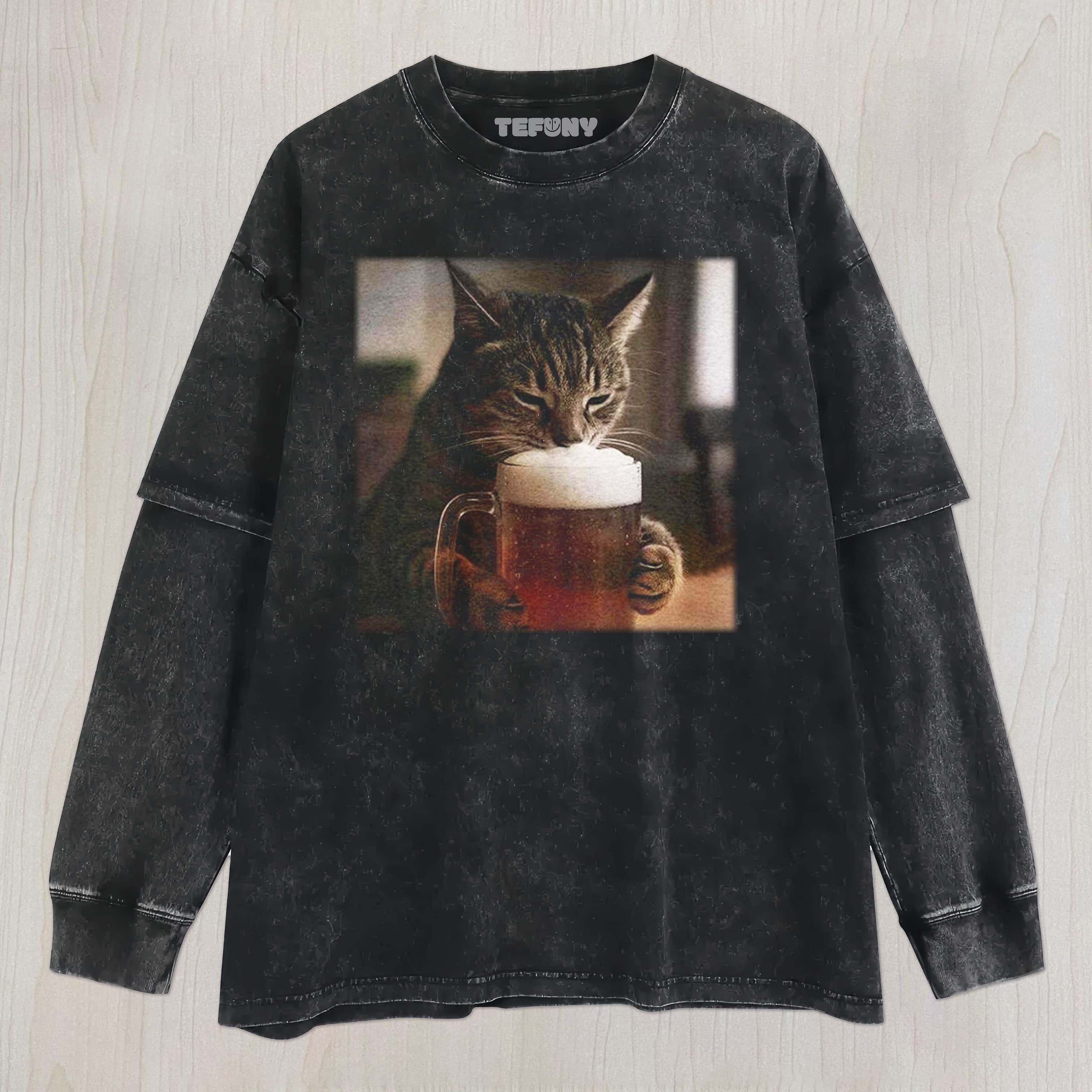 CAT BEER MEME V7 UNISEX TEE, TANK TOP, LAYERED LS, SWEATSHIRT & HOODIE