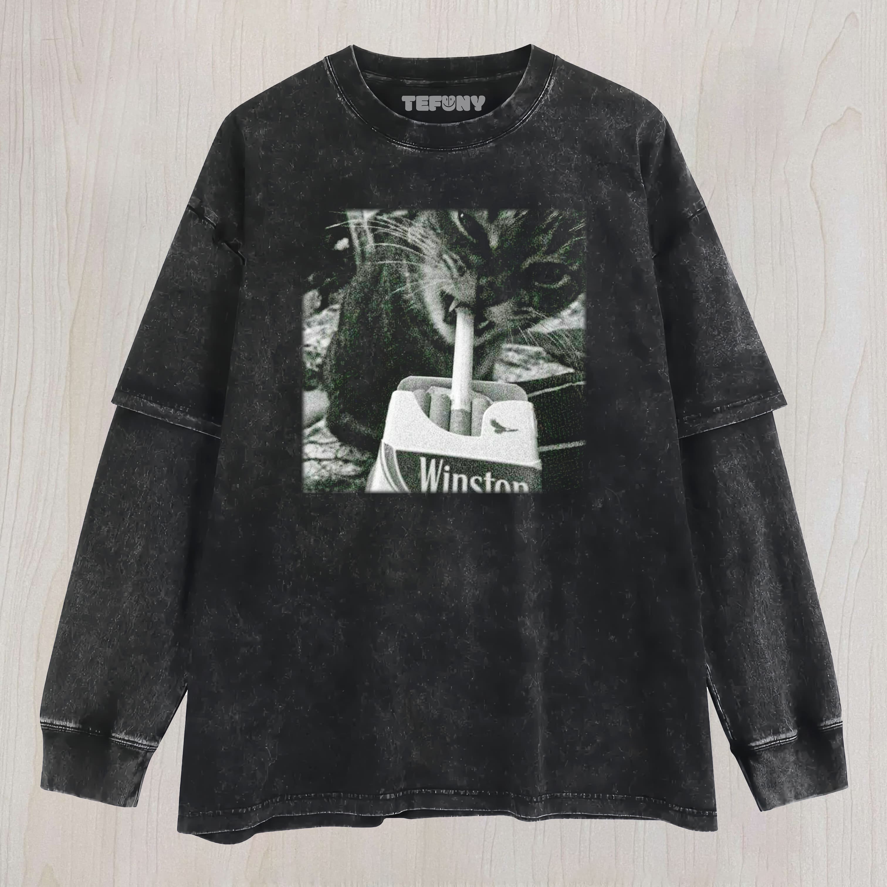 CAT BITING WINSTON CIGARETTE LAYERED LONG SLEEVE