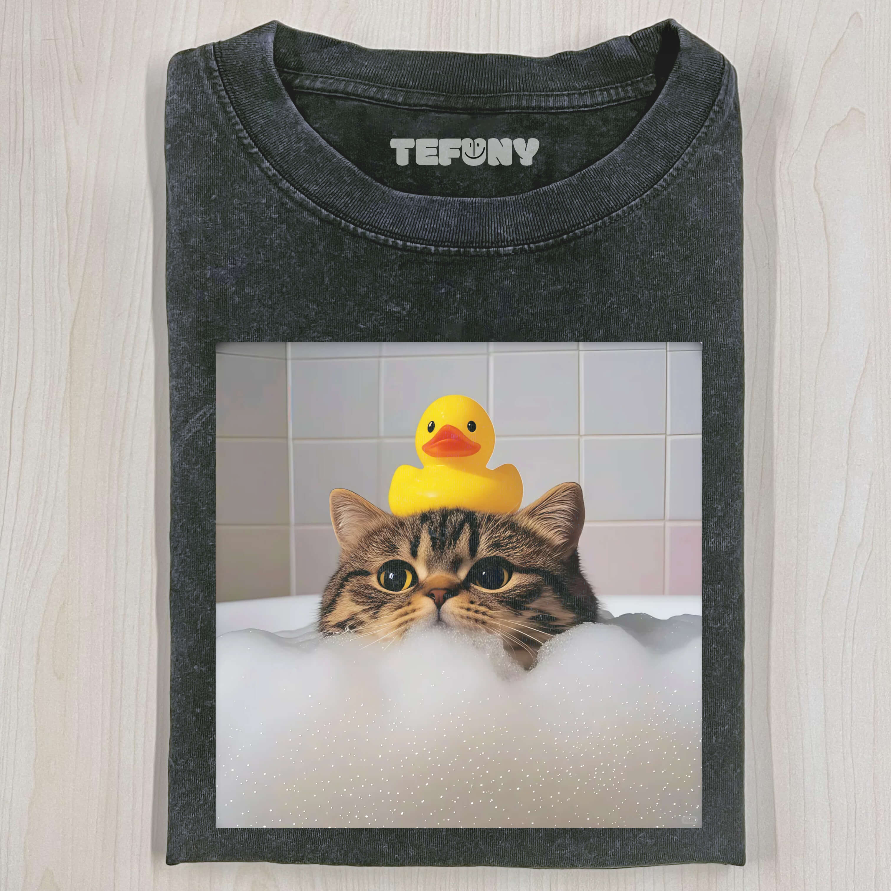 CAT TAKING A BATH WITH A DUCK ON ITS HEAD T-SHIRT