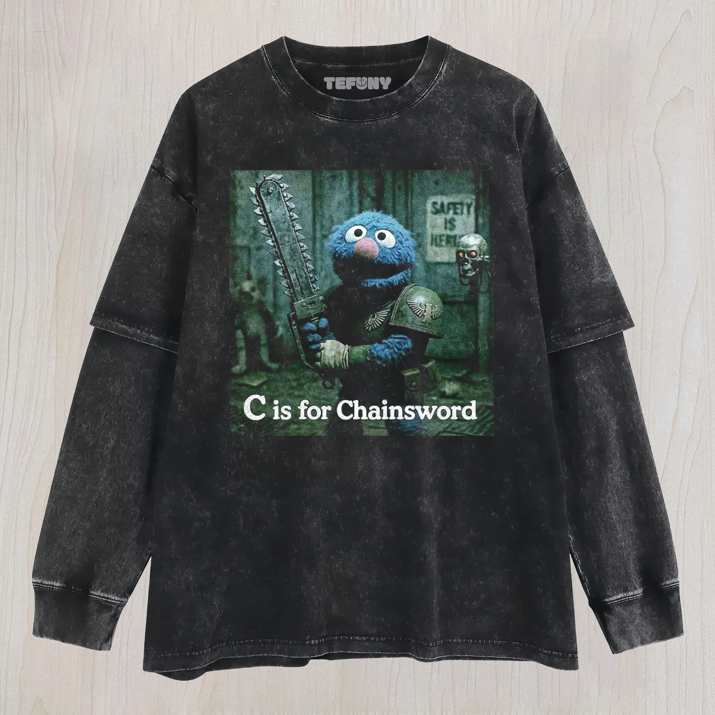 CHAINSWORD WARHAMMER PARODY VINTAGE UNISEX TEE, TANK TOP, LAYERED LS, SWEATSHIRT & HOODIE