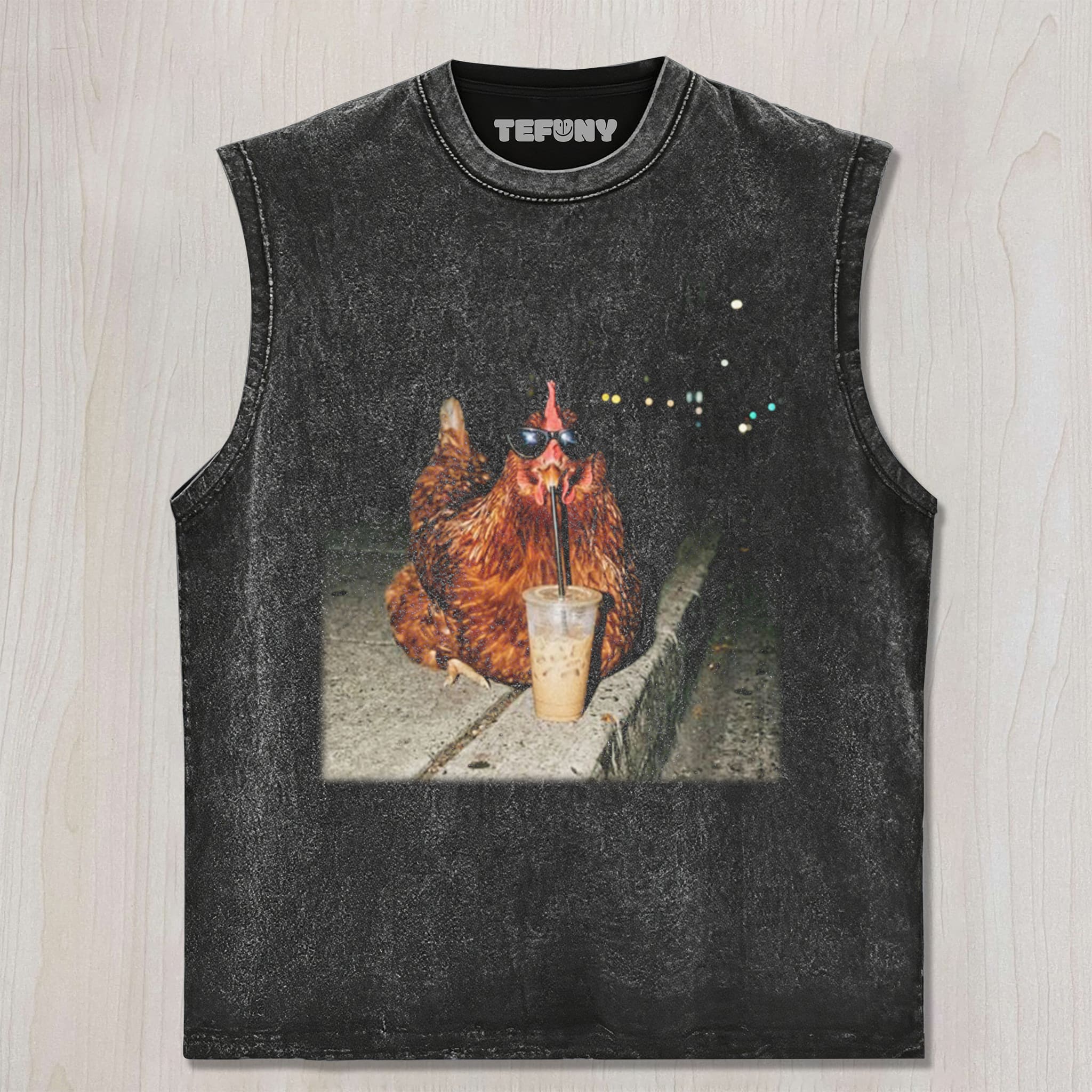 CHICKEN DRINKING COFFEE UNISEX TEE, TANK TOP, LAYERED LS, SWEATSHIRT & HOODIE