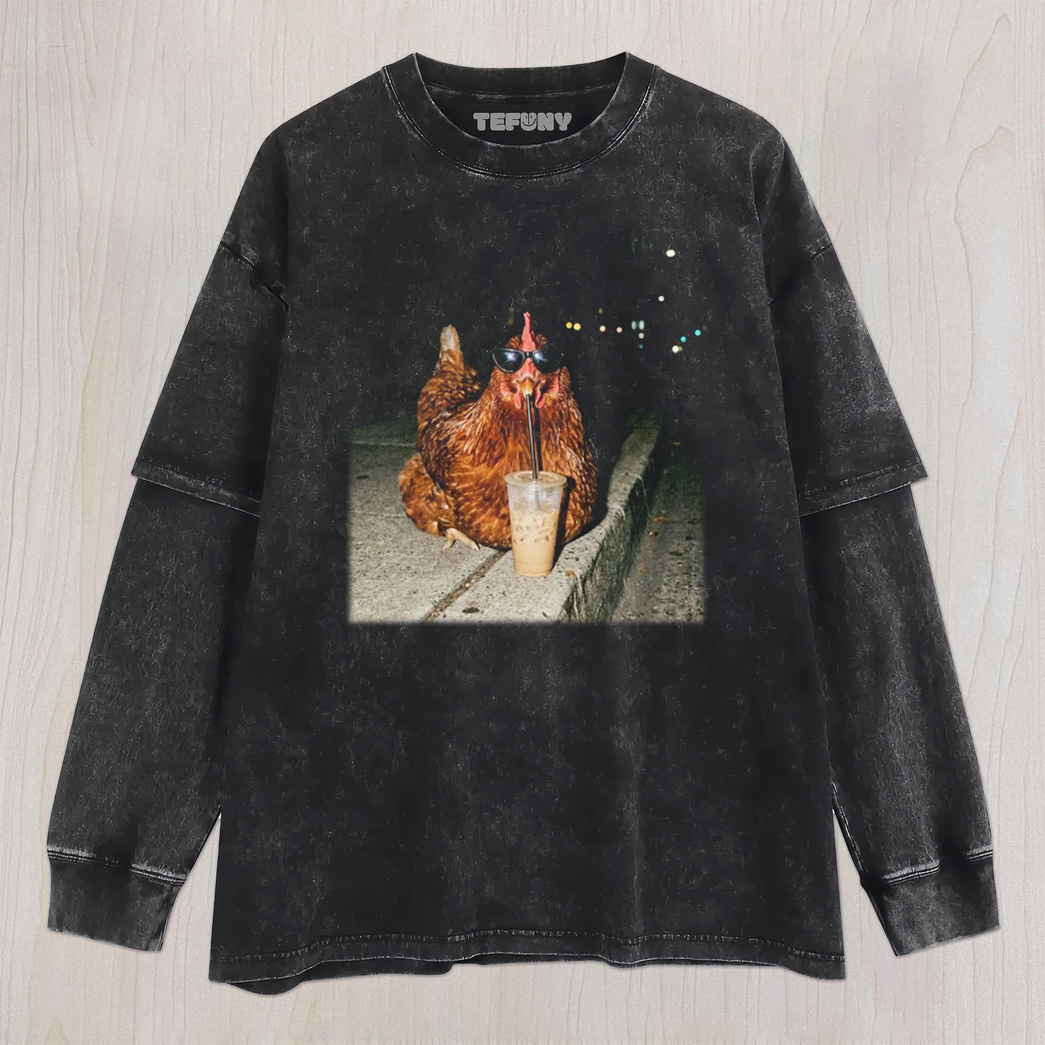 CHICKEN DRINKING COFFEE UNISEX TEE, TANK TOP, LAYERED LS, SWEATSHIRT & HOODIE