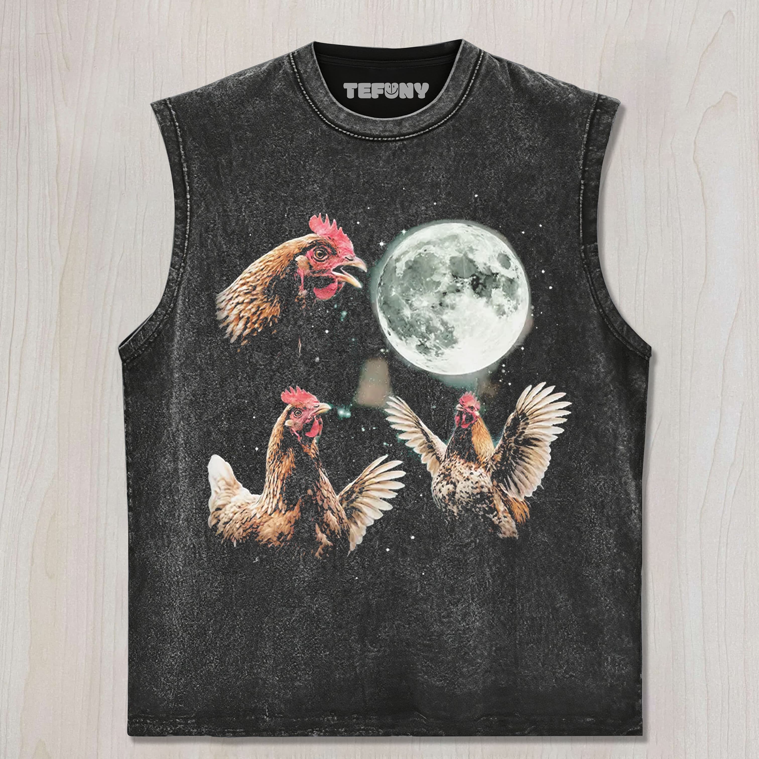 CHICKEN HOWLING AT MOON UNISEX TEE, TANK TOP, LAYERED LS, SWEATSHIRT & HOODIE