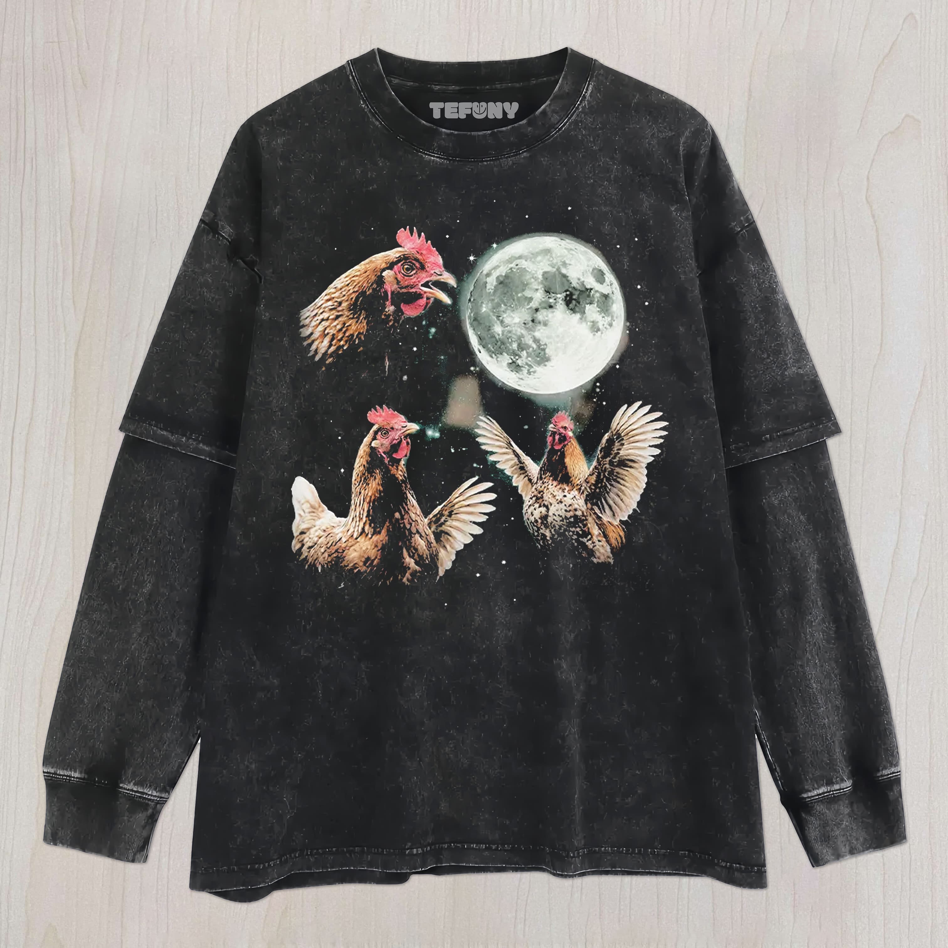 CHICKEN HOWLING AT MOON UNISEX TEE, TANK TOP, LAYERED LS, SWEATSHIRT & HOODIE