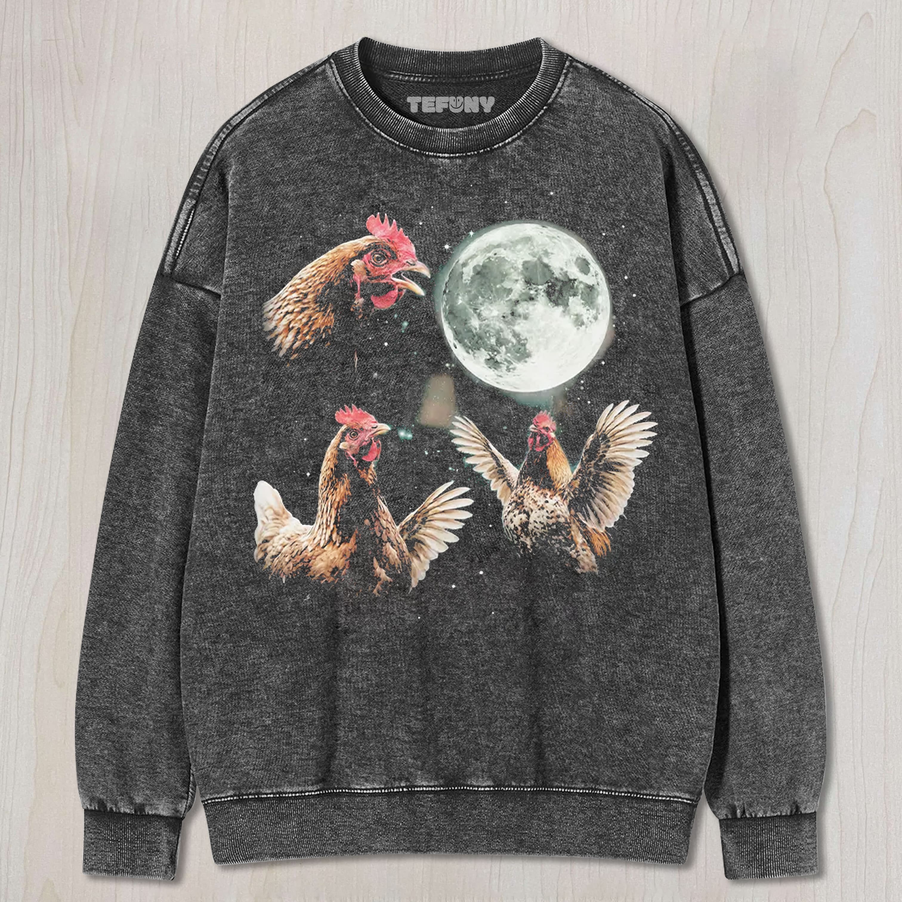 CHICKEN HOWLING AT MOON UNISEX TEE, TANK TOP, LAYERED LS, SWEATSHIRT & HOODIE