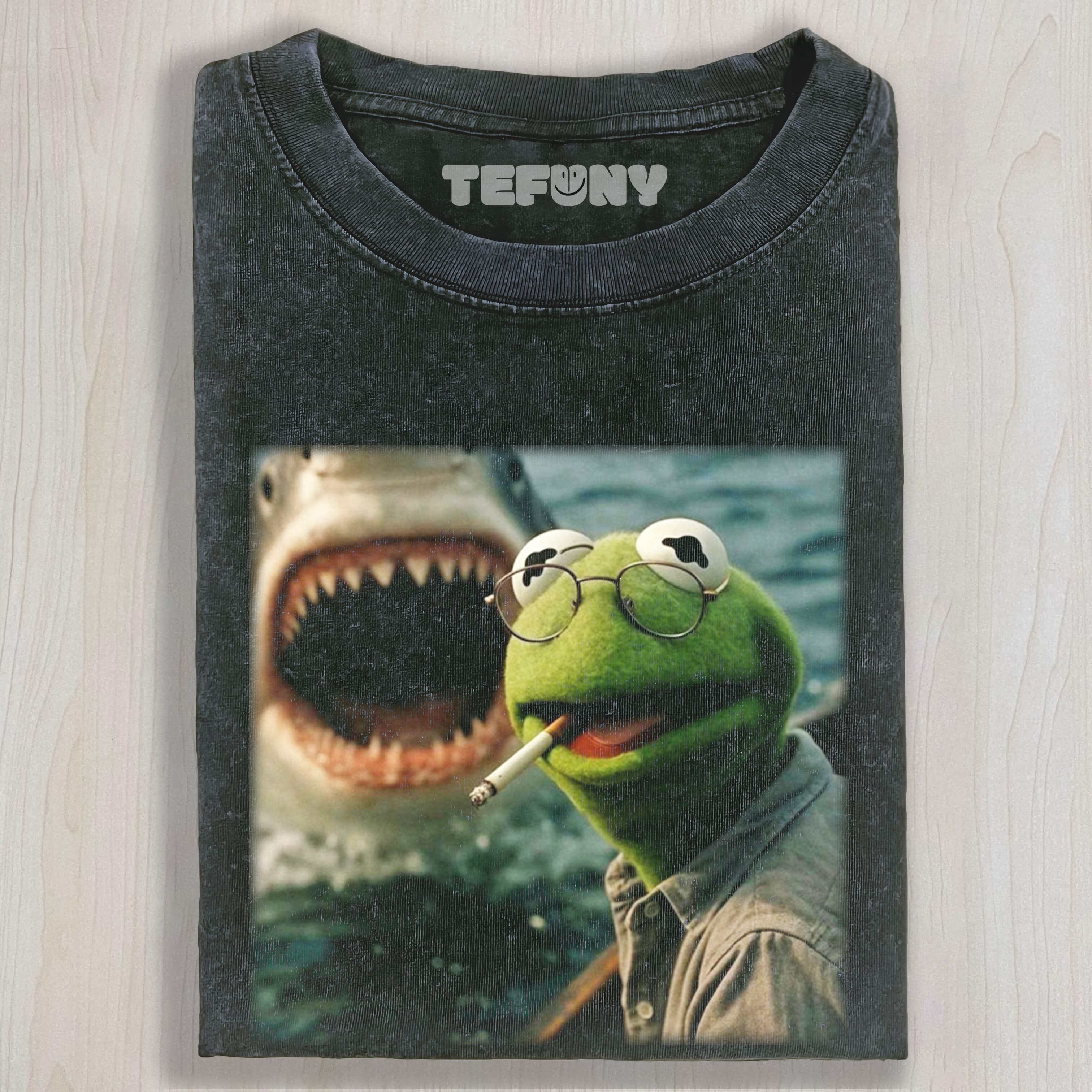 CHILL FROG PUPPET SMOKING WITH GIANT SHARK MEME TEE & SWEAT & HOOD