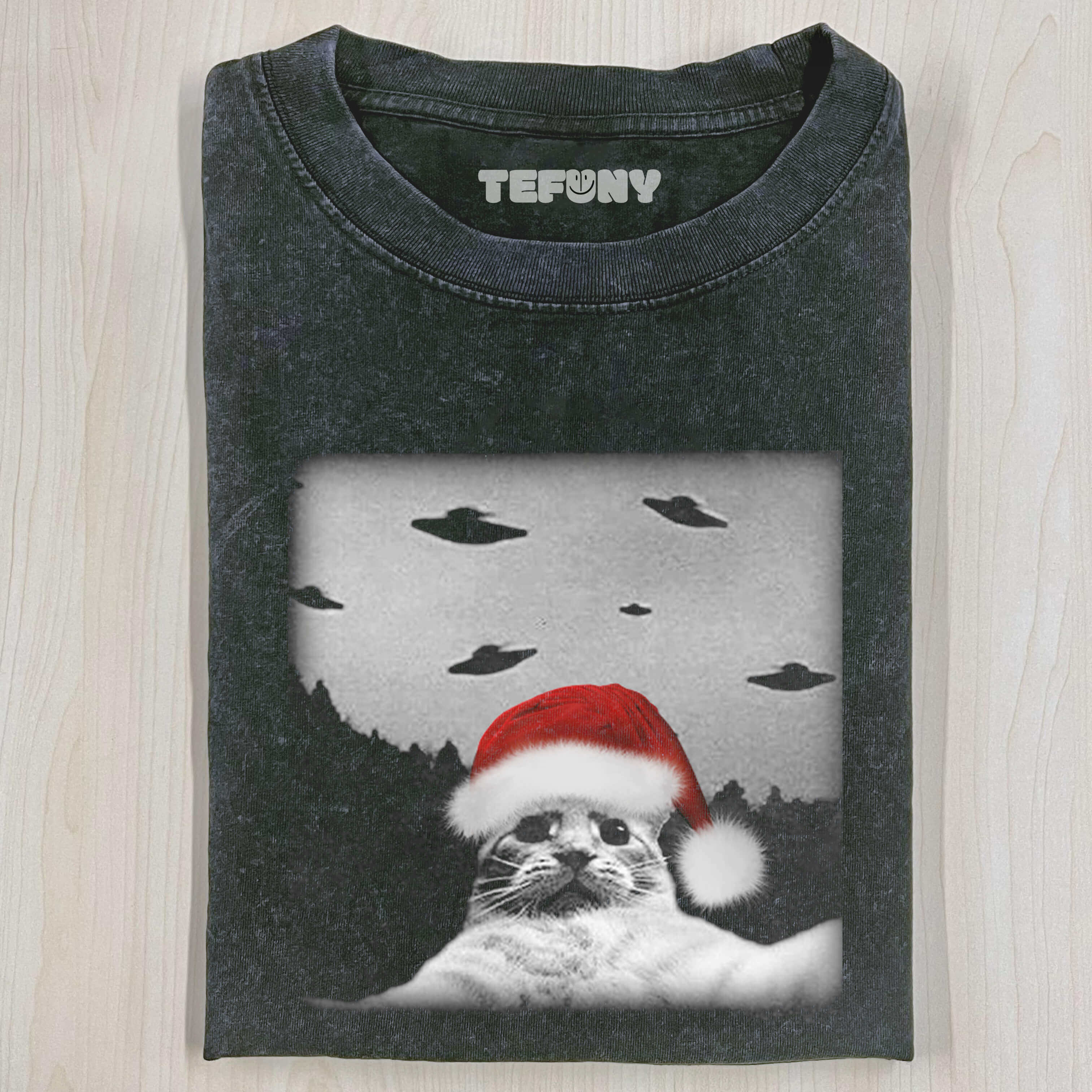 CHRISTMAS CAT SELFLE WITH UFO ART ACID WASH TEE
