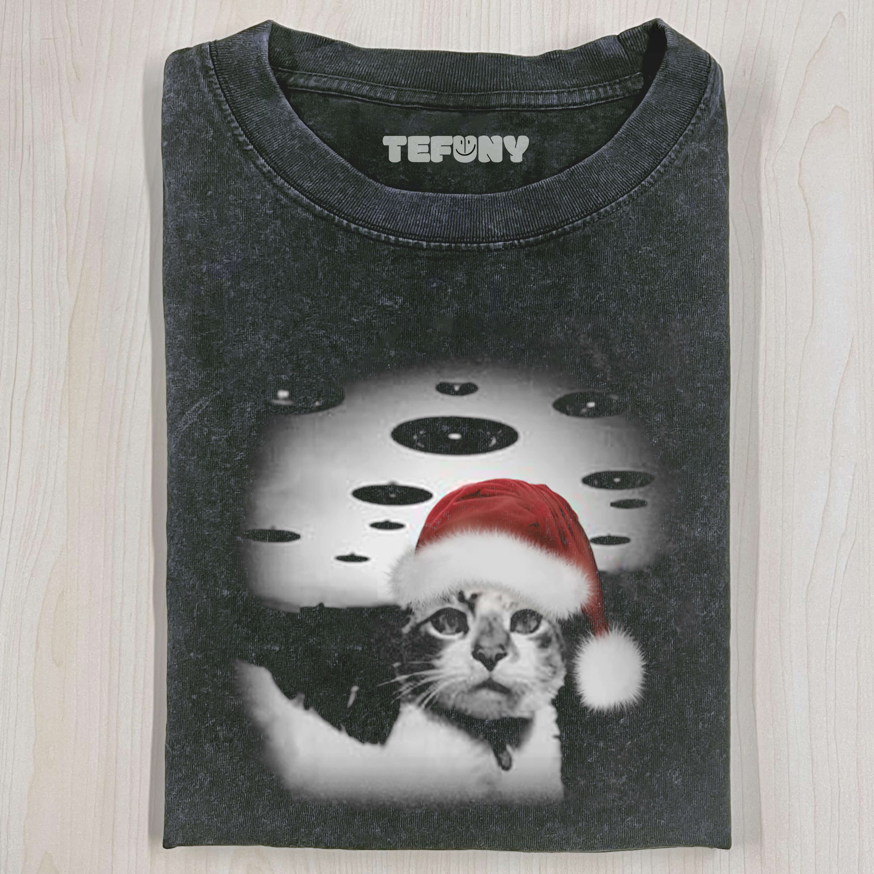 CHRISTMAS CAT SELFLE WITH UFO ART ACID WASH TEE