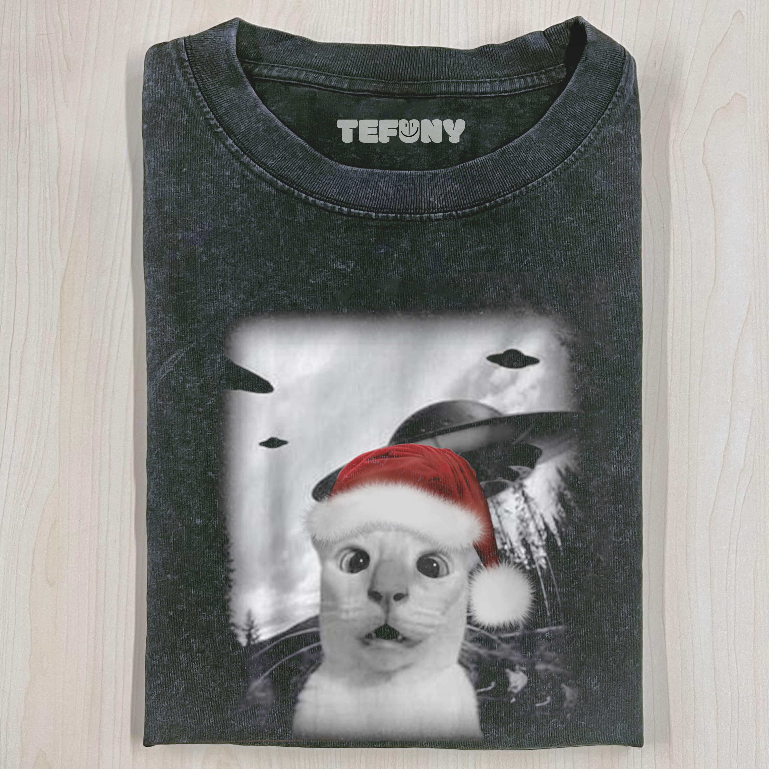 CHRISTMAS CAT SELFLE WITH UFO ART ACID WASH TEE V1