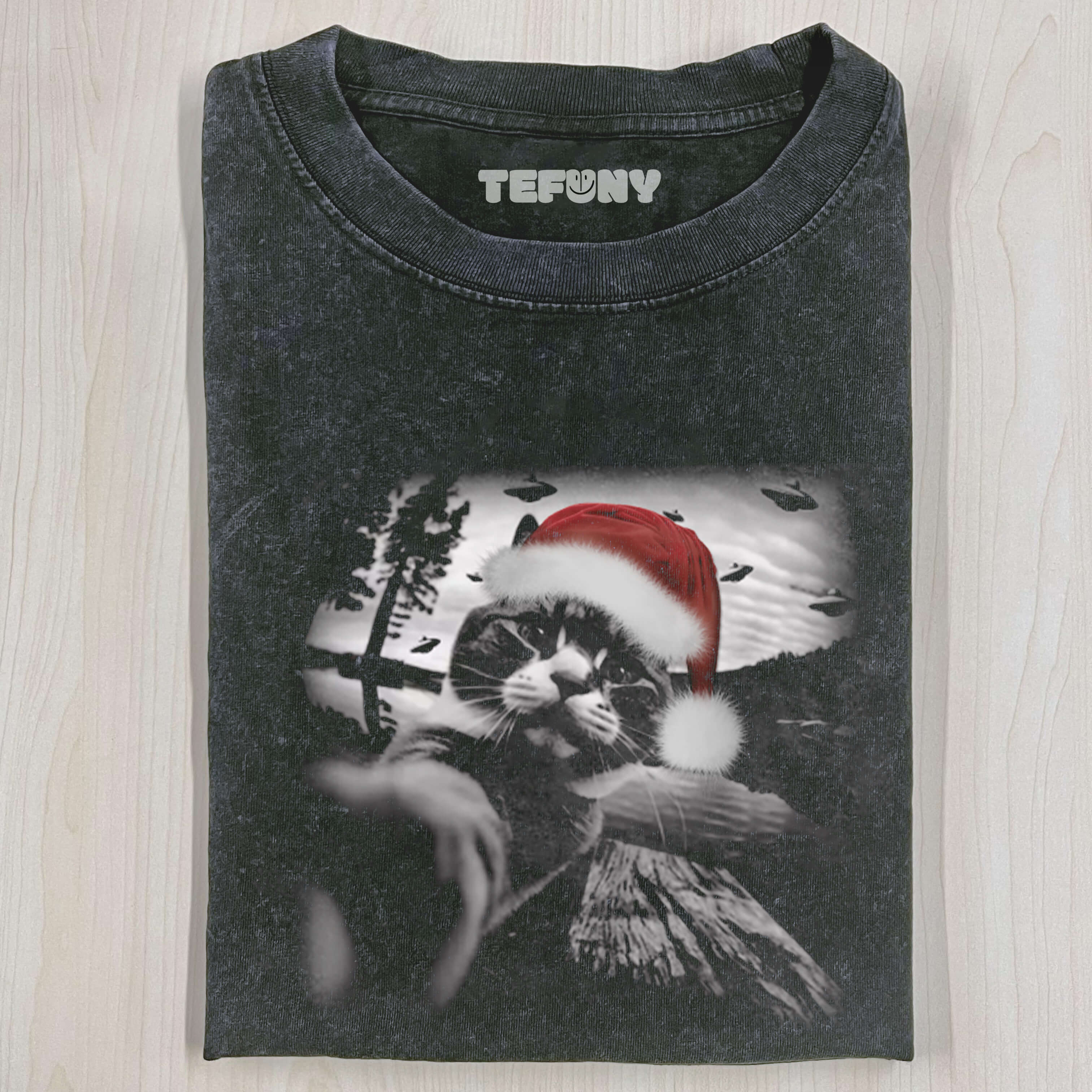 CHRISTMAS CAT SELFLE WITH UFO ART ACID WASH TEEV1