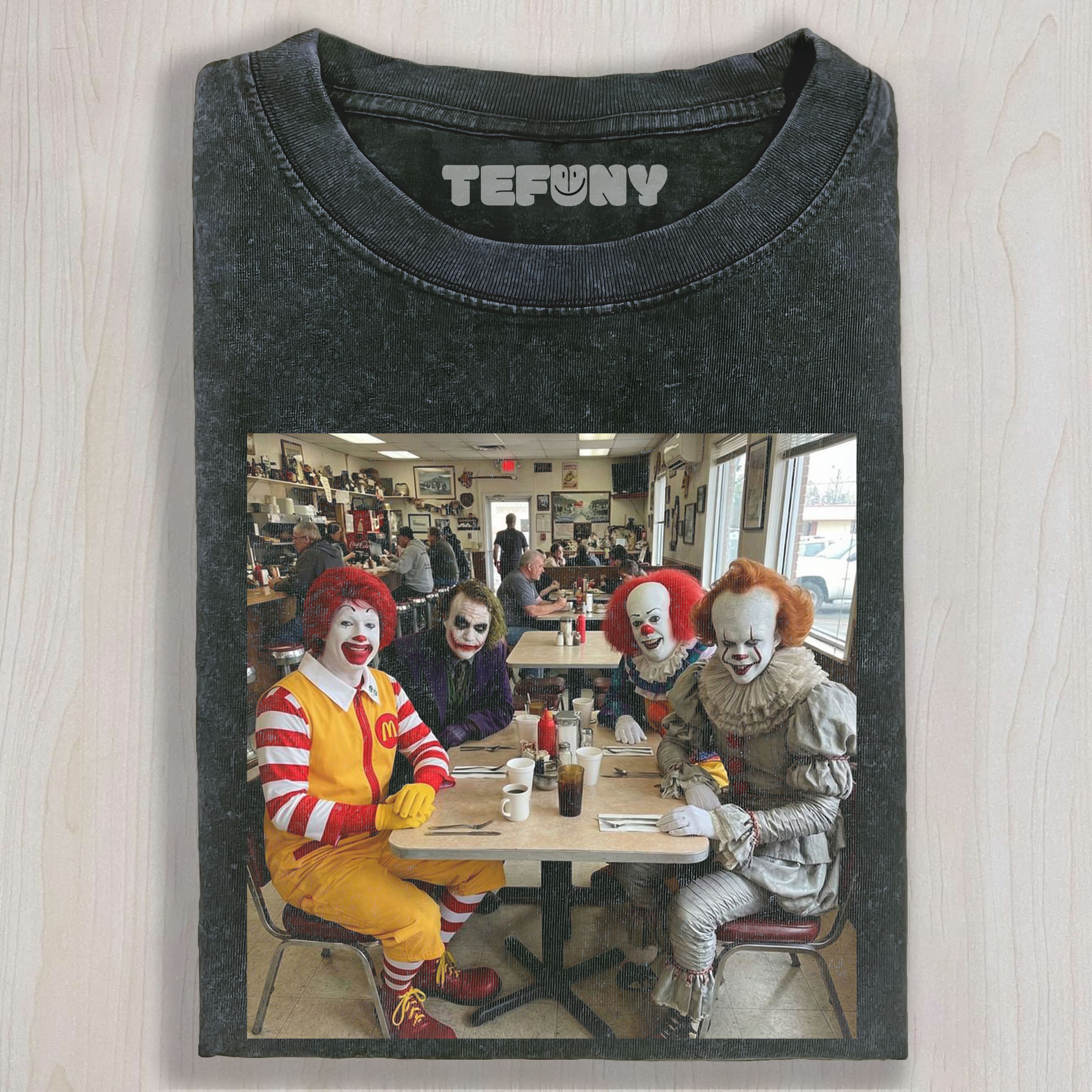 CLOWNS IN RESTAURANT UNISEX TEE, TANK TOP, LAYERED LS, SWEATSHIRT & HOODIE