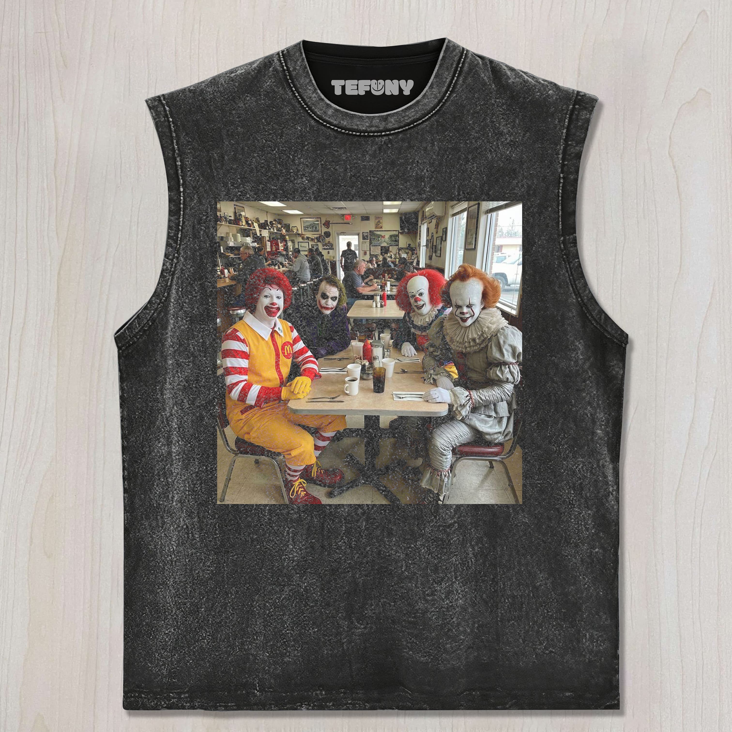 CLOWNS IN RESTAURANT UNISEX TEE, TANK TOP, LAYERED LS, SWEATSHIRT & HOODIE
