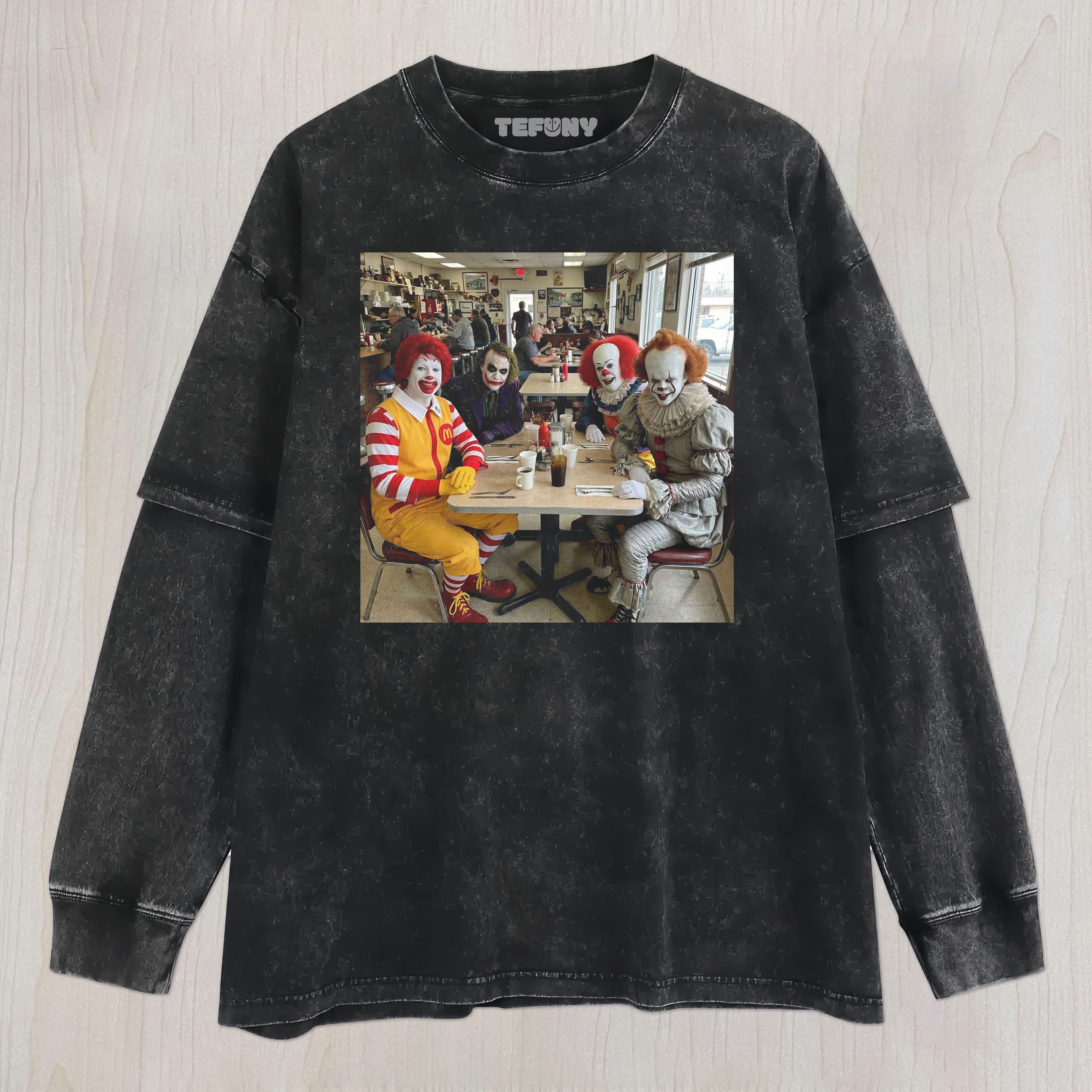 CLOWNS IN RESTAURANT UNISEX TEE, TANK TOP, LAYERED LS, SWEATSHIRT & HOODIE