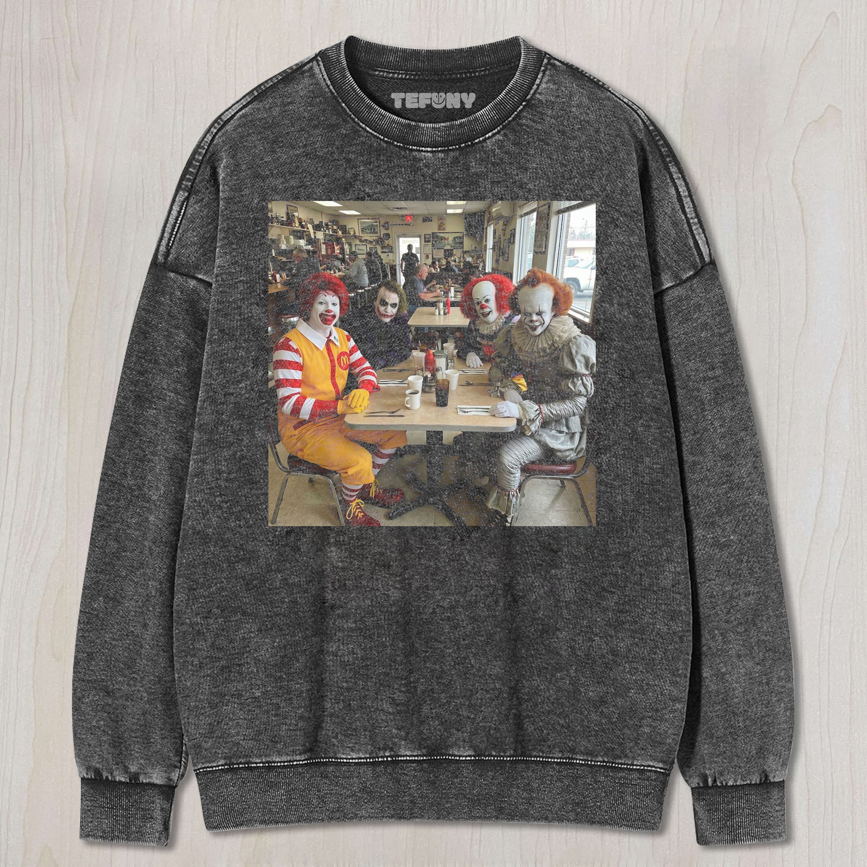 CLOWNS IN RESTAURANT UNISEX TEE, TANK TOP, LAYERED LS, SWEATSHIRT & HOODIE