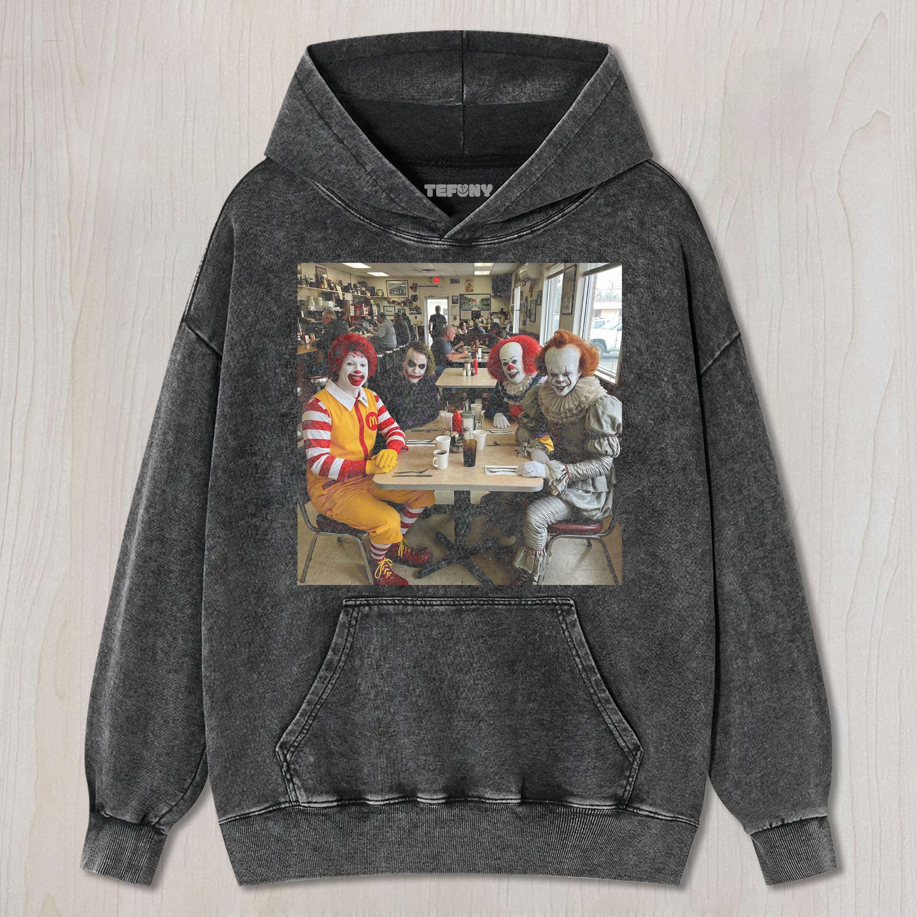 CLOWNS IN RESTAURANT UNISEX TEE, TANK TOP, LAYERED LS, SWEATSHIRT & HOODIE