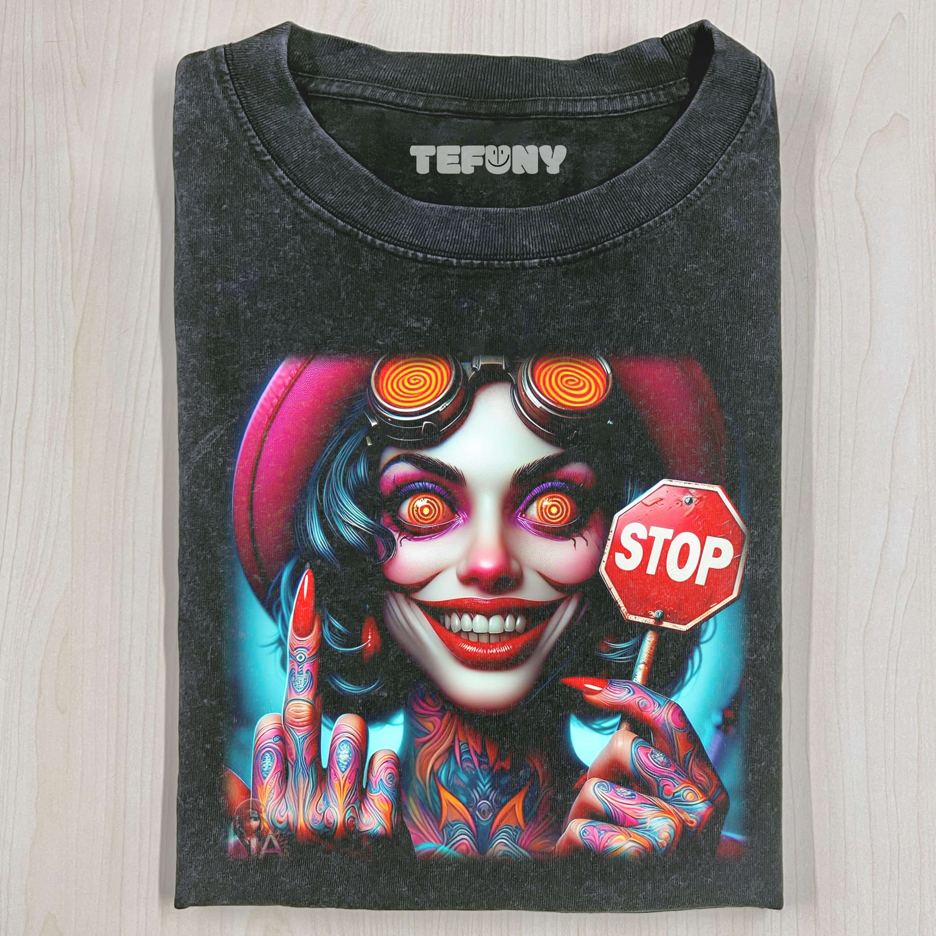 COLORFUL DEVIL GIVING THE MIDDLE FINGER T-SHIRT