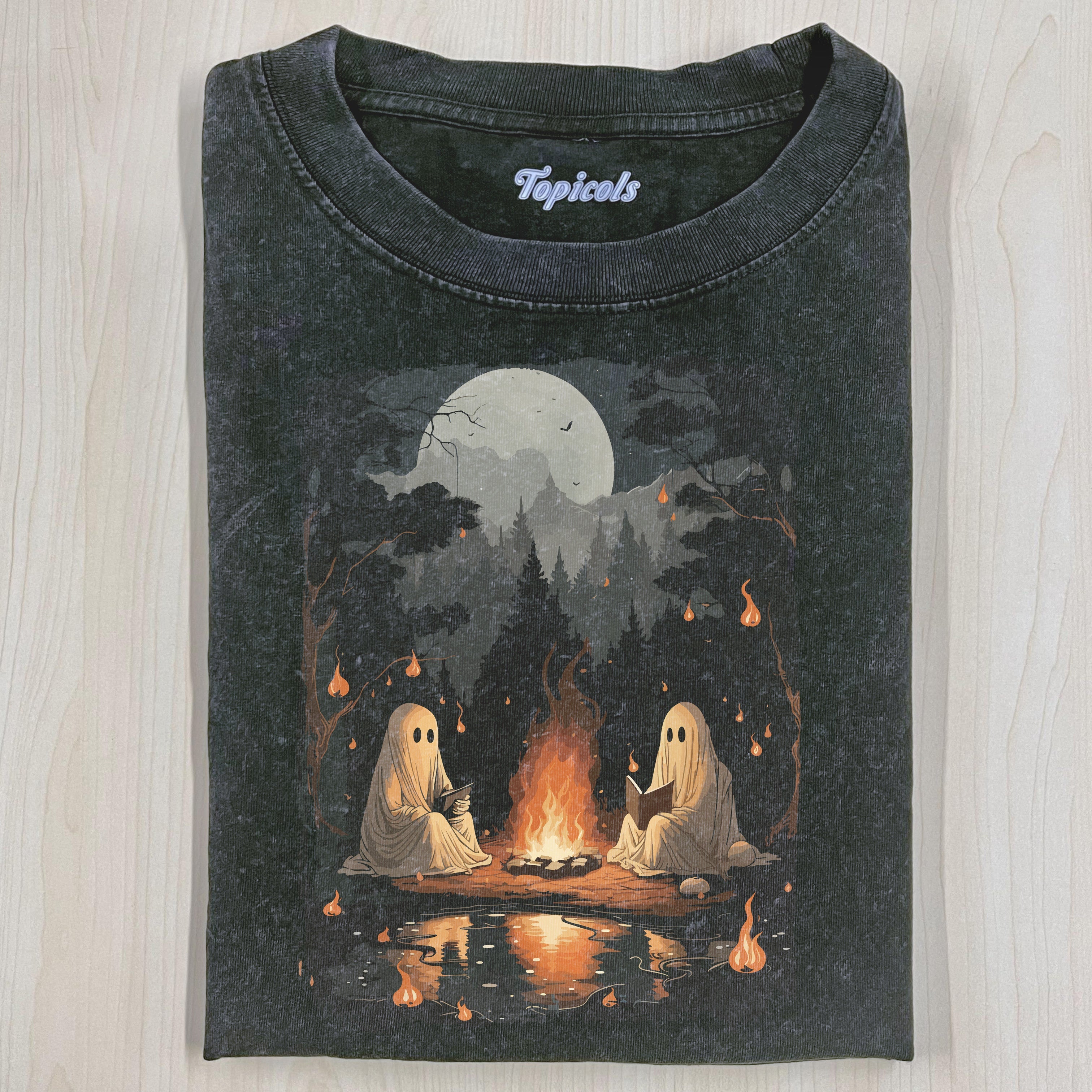 COMFORT COLORS CAMPING HALLOWEEN GHOST READING BOOK T-SHIRT