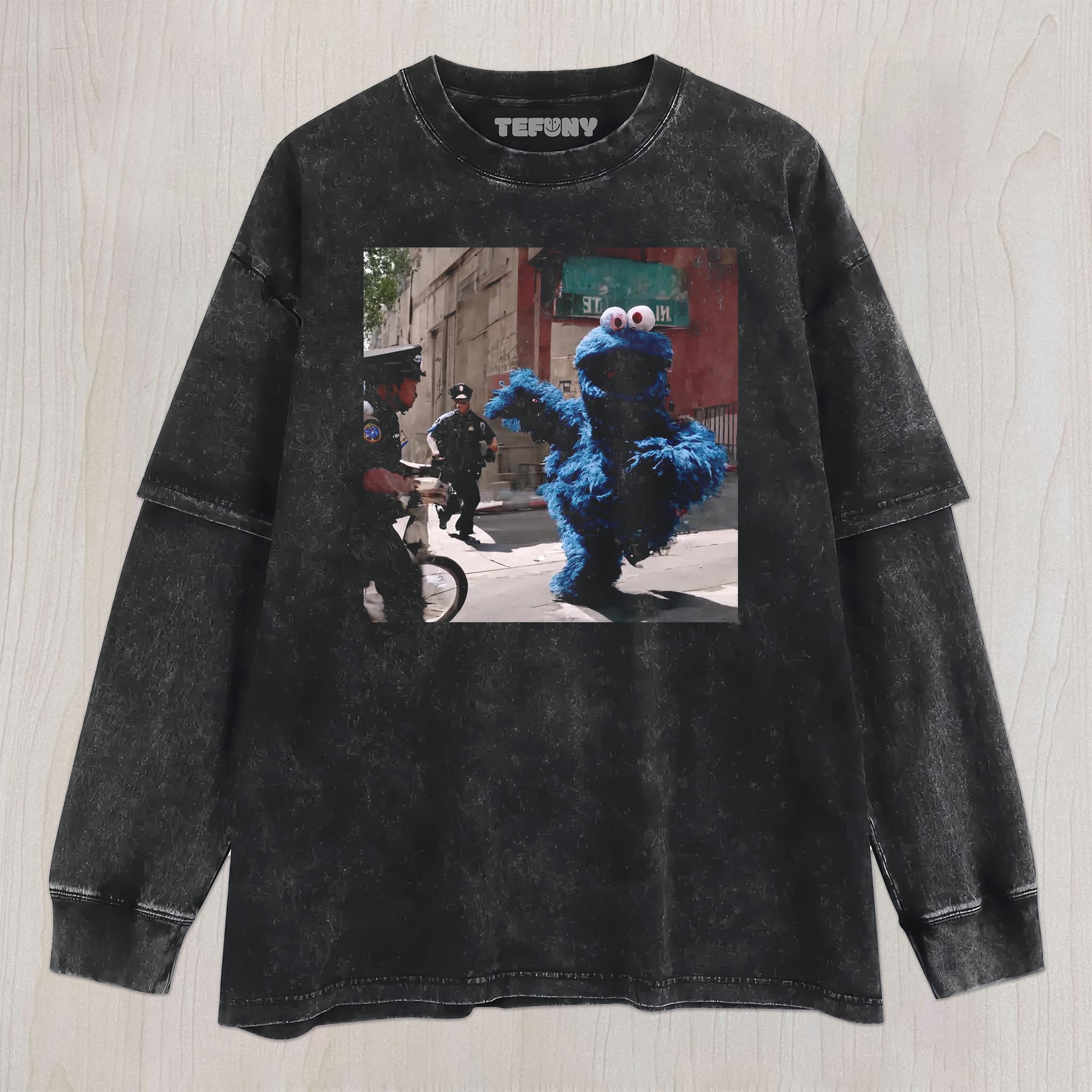 COOKIE MONSTER IS ESCAPING THE POLICE UNISEX TEE, TANK TOP, LAYERED LS, SWEATSHIRT & HOODIE