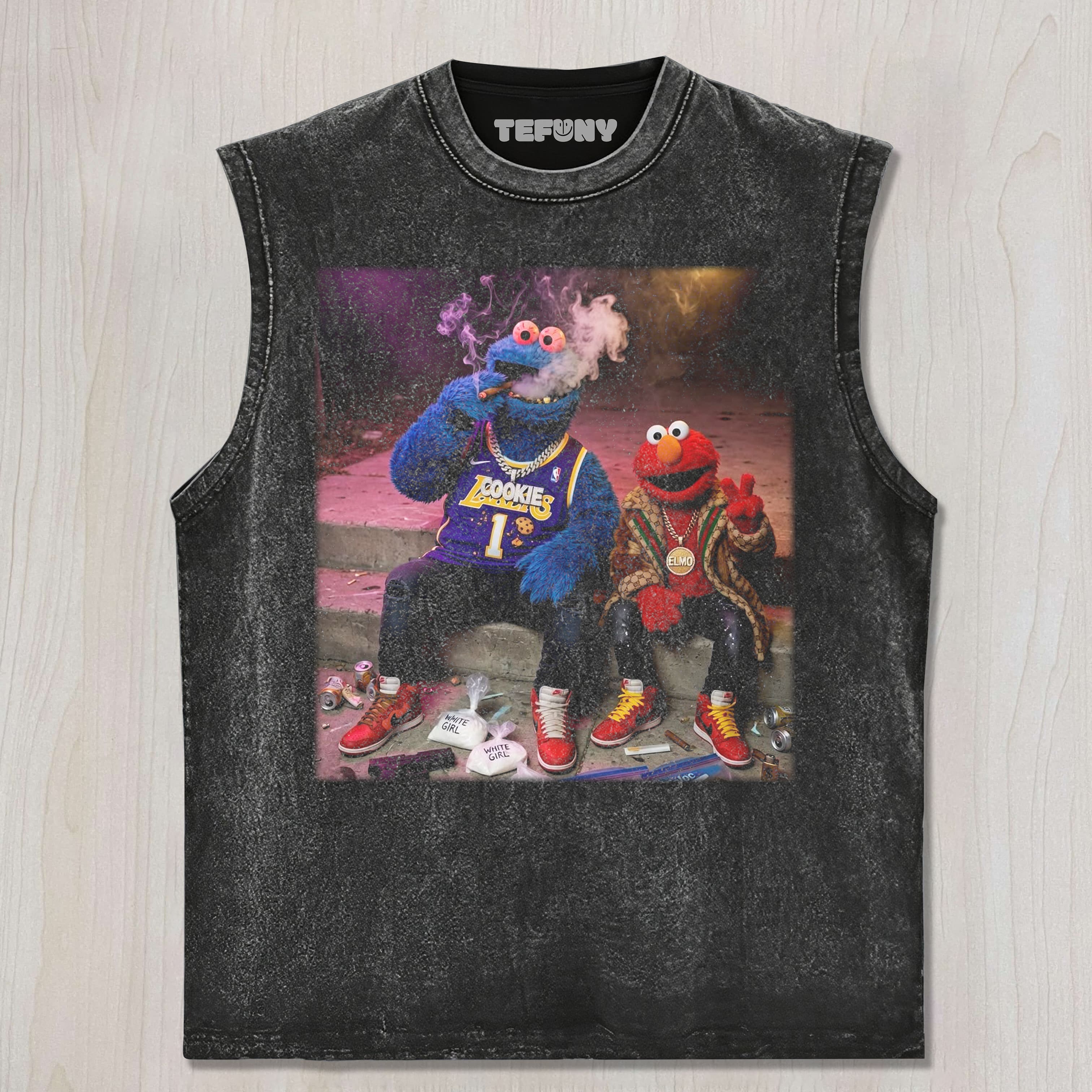 COOKIE MONSTER AND ELMO ON THE STREET UNISEX TEE, TANK TOP, LAYERED LS, SWEATSHIRT & HOODIE