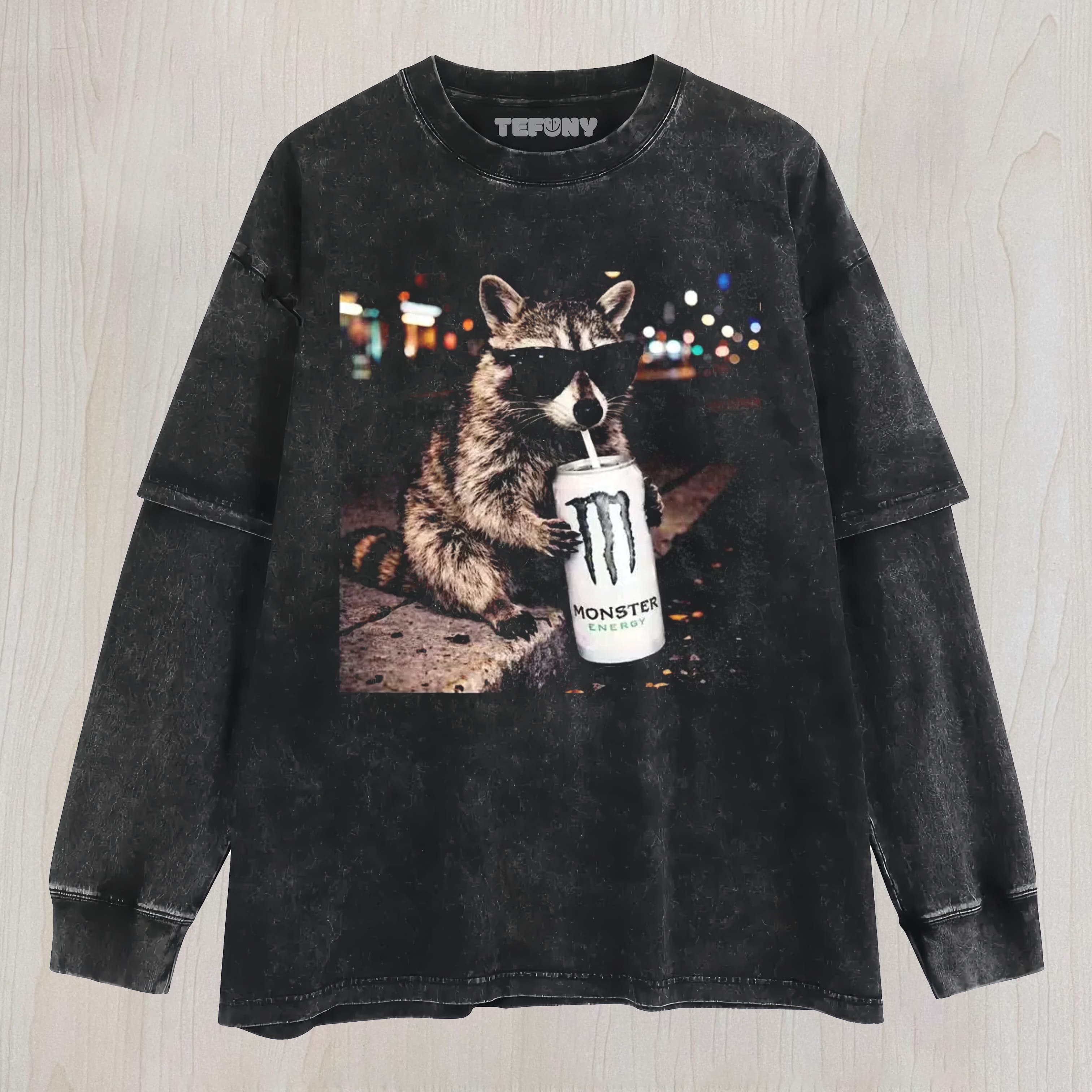 COOL RACCOON MONSTER ENERGY DRINK GRAPHIC UNISEX TEE, TANK TOP, LAYERED LS, SWEATSHIRT & HOODIE