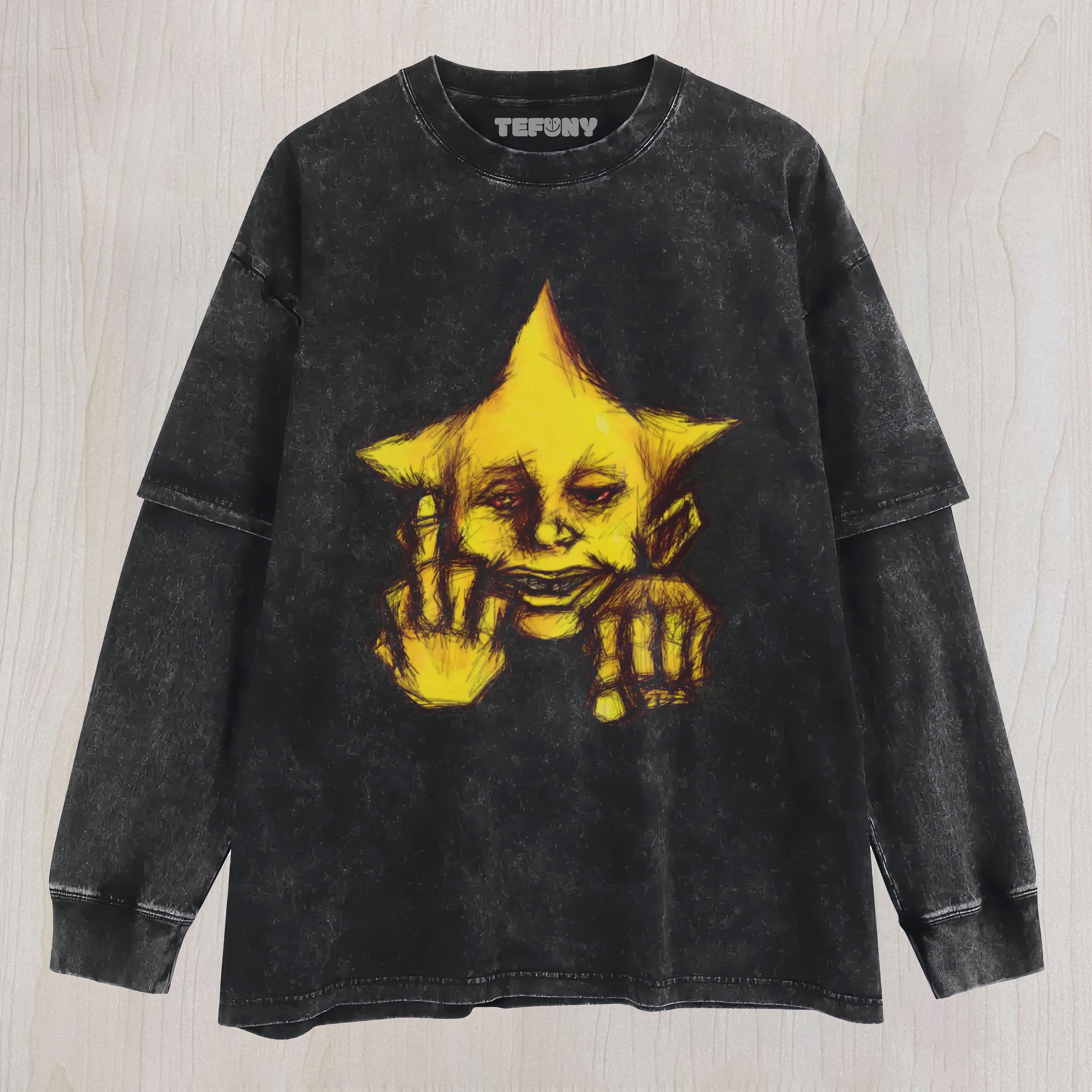 CREEPY STAR FACE SURREAL ART VINTAGE WASHED LAYERED LONG SLEEVE
