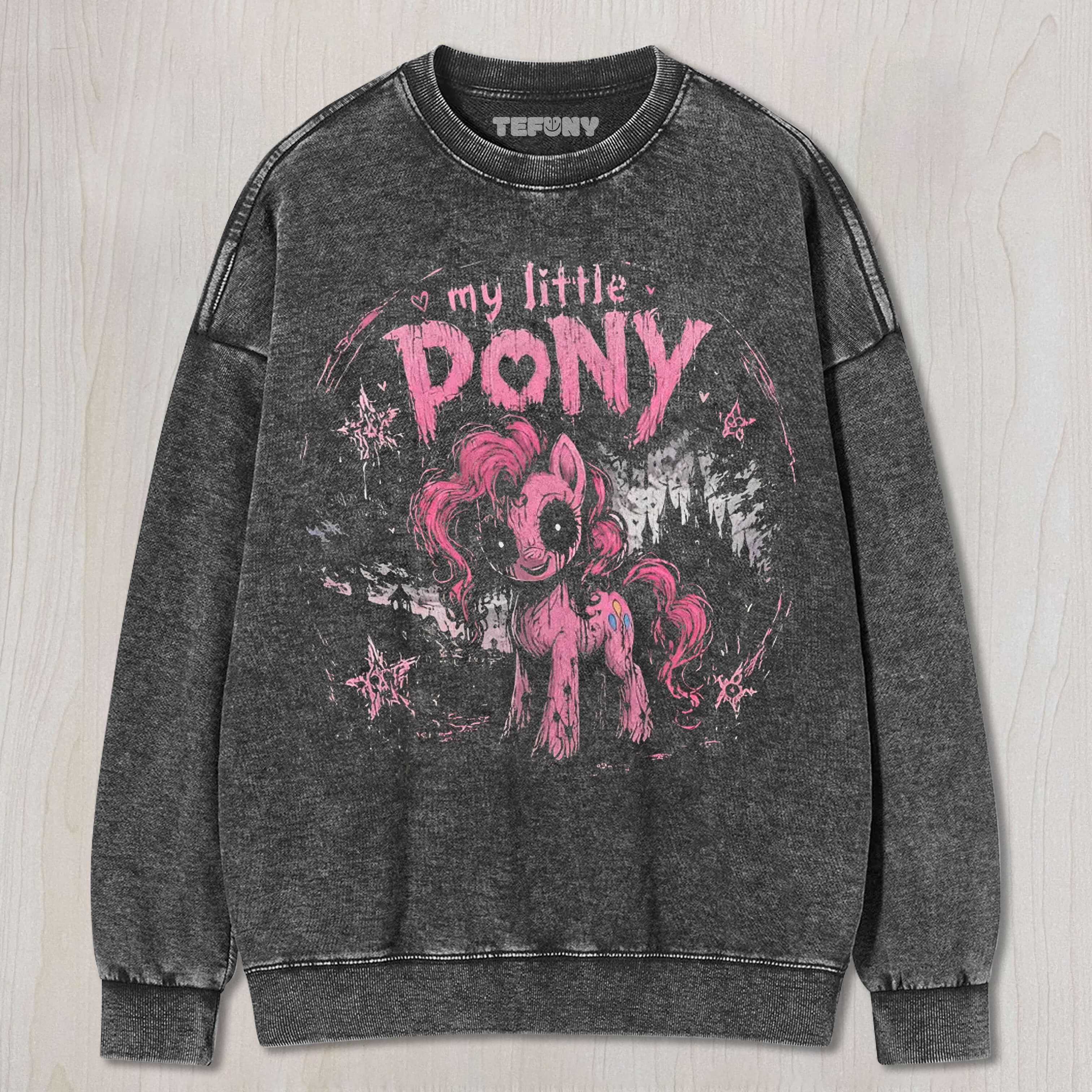 DARK GOTHIC PONY GRAPHIC VINTAGE WASHED UNISEX TEE, TANK TOP, LAYERED LS, SWEATSHIRT & HOODIE