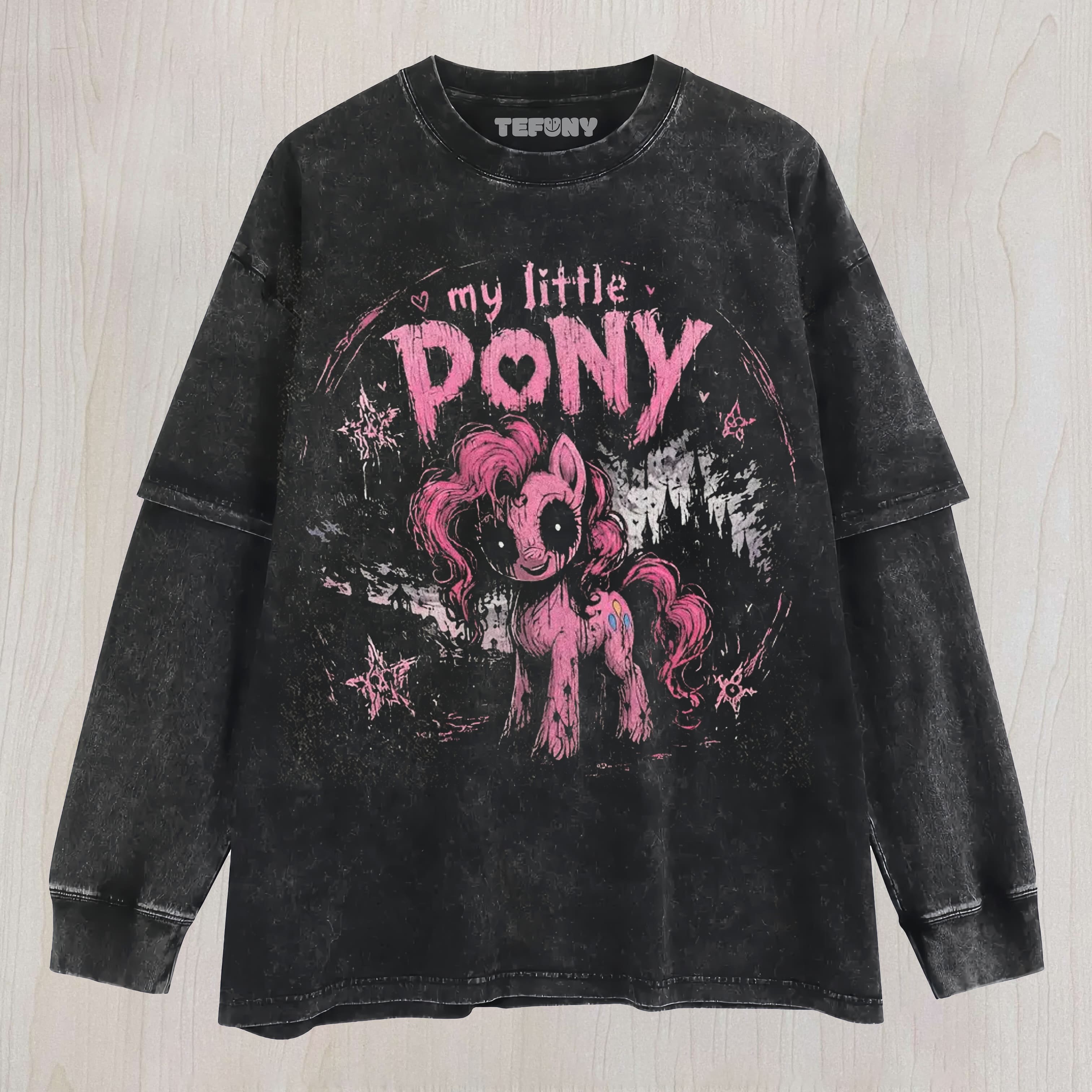 DARK GOTHIC PONY GRAPHIC VINTAGE WASHED UNISEX TEE, TANK TOP, LAYERED LS, SWEATSHIRT & HOODIE