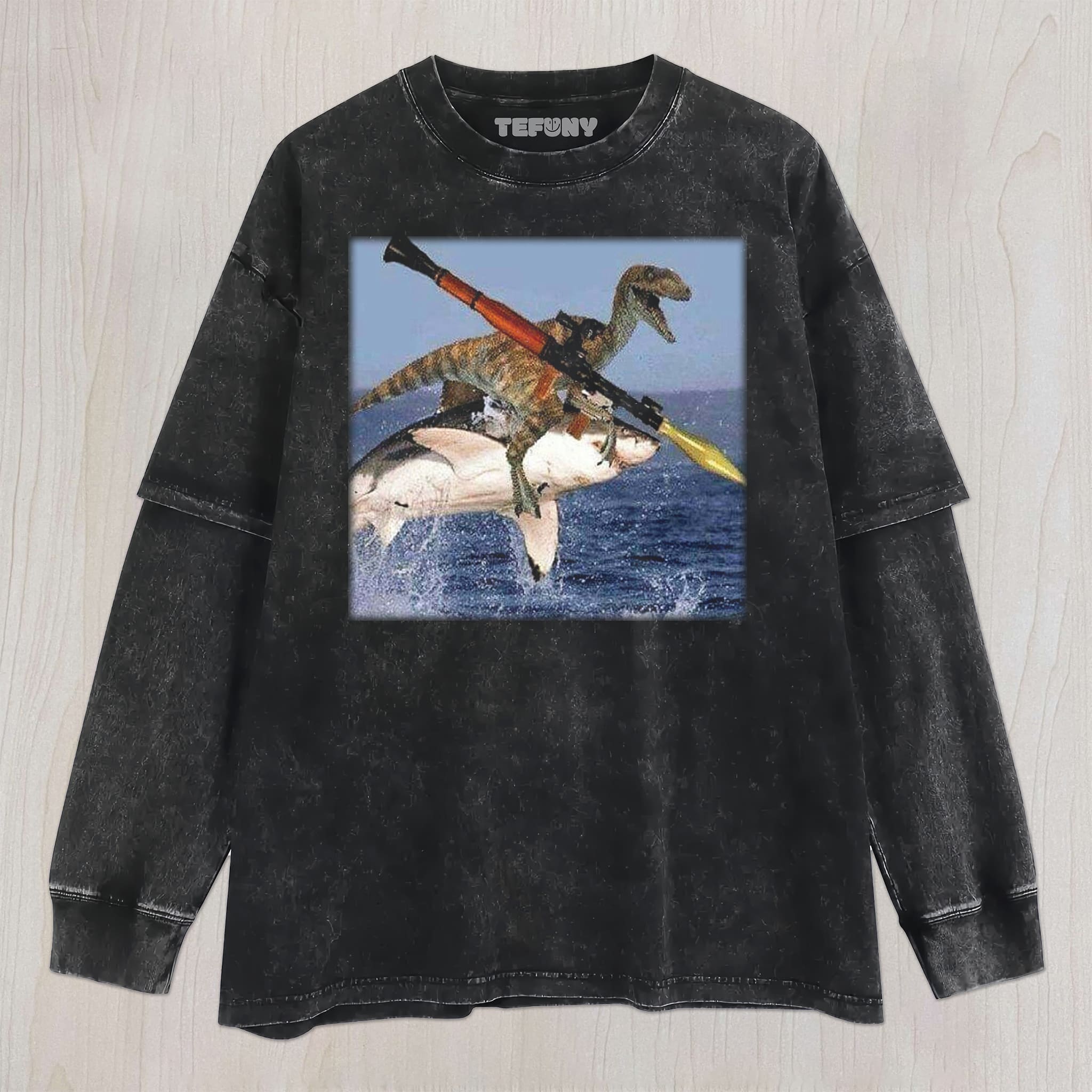 DINOSAURS RIDING SHARKS UNISEX TEE, TANK TOP, LAYERED LS, SWEATSHIRT & HOODIE