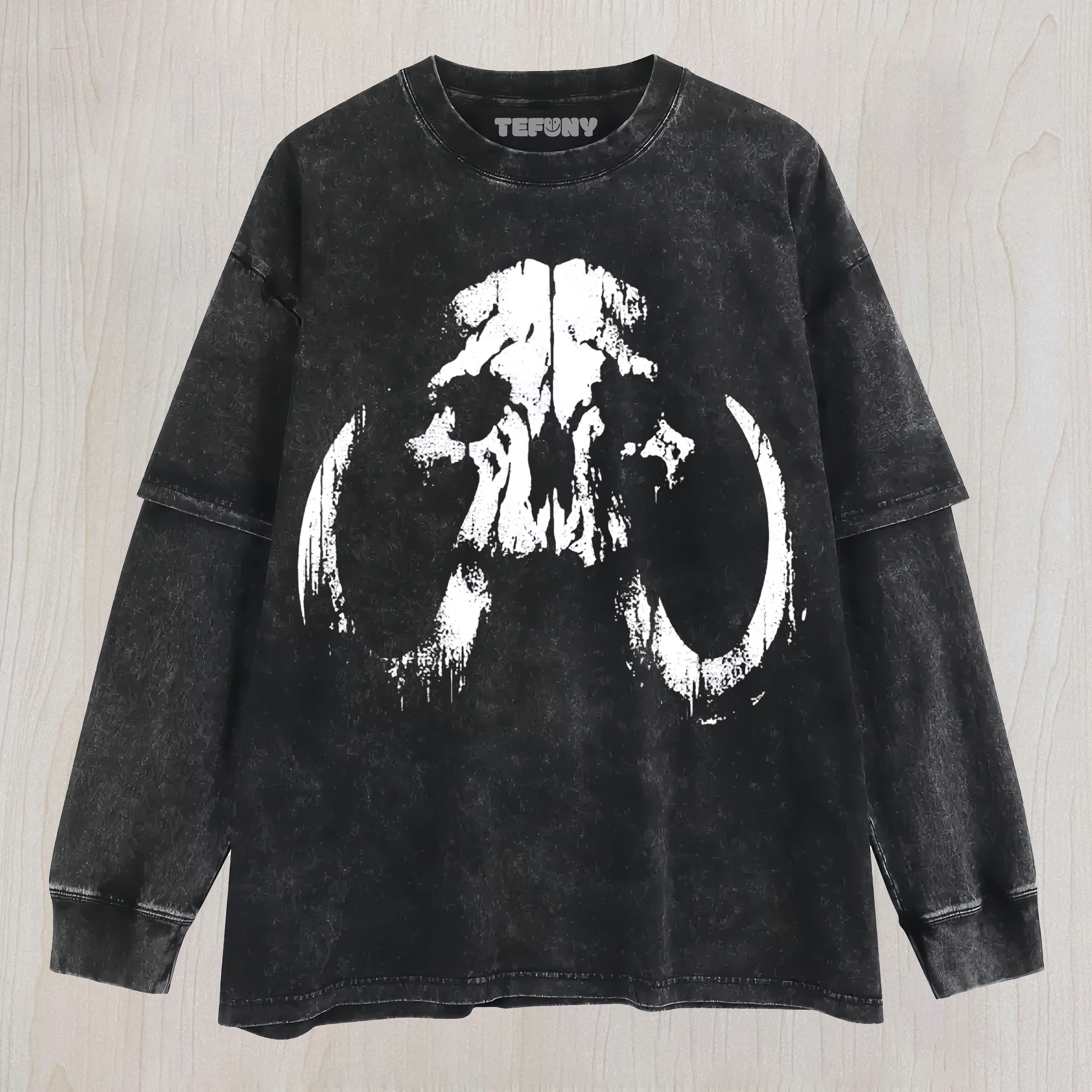 DISTRESSED DRIP MANDALORIAN SKULL SLEEVELESS WASHED UNISEX TEE, TANK TOP, LAYERED LS, SWEATSHIRT & HOODIE
