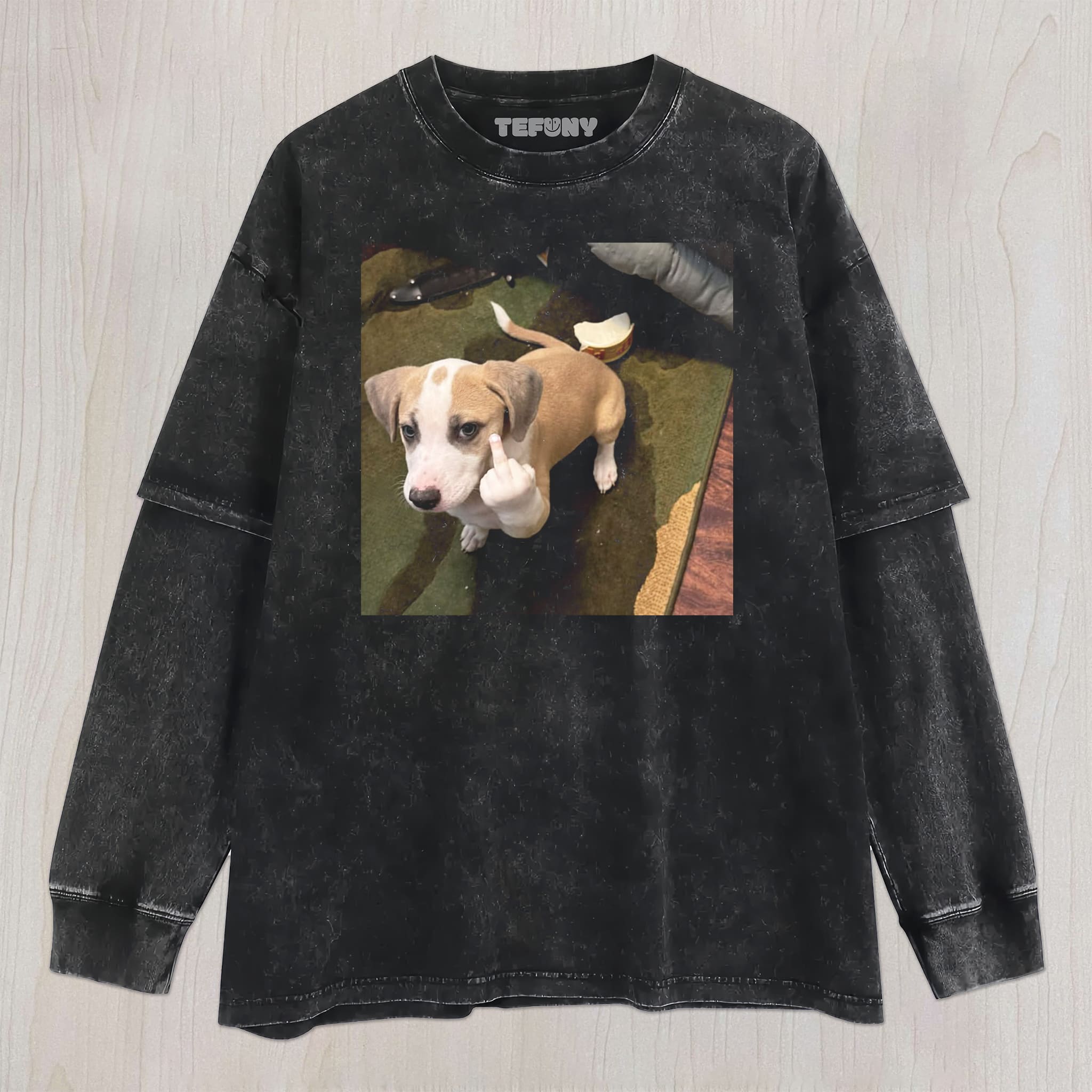 DOG GIVES MIDDLE FINGER UNISEX TEE, TANK TOP, LAYERED LS, SWEATSHIRT & HOODIE