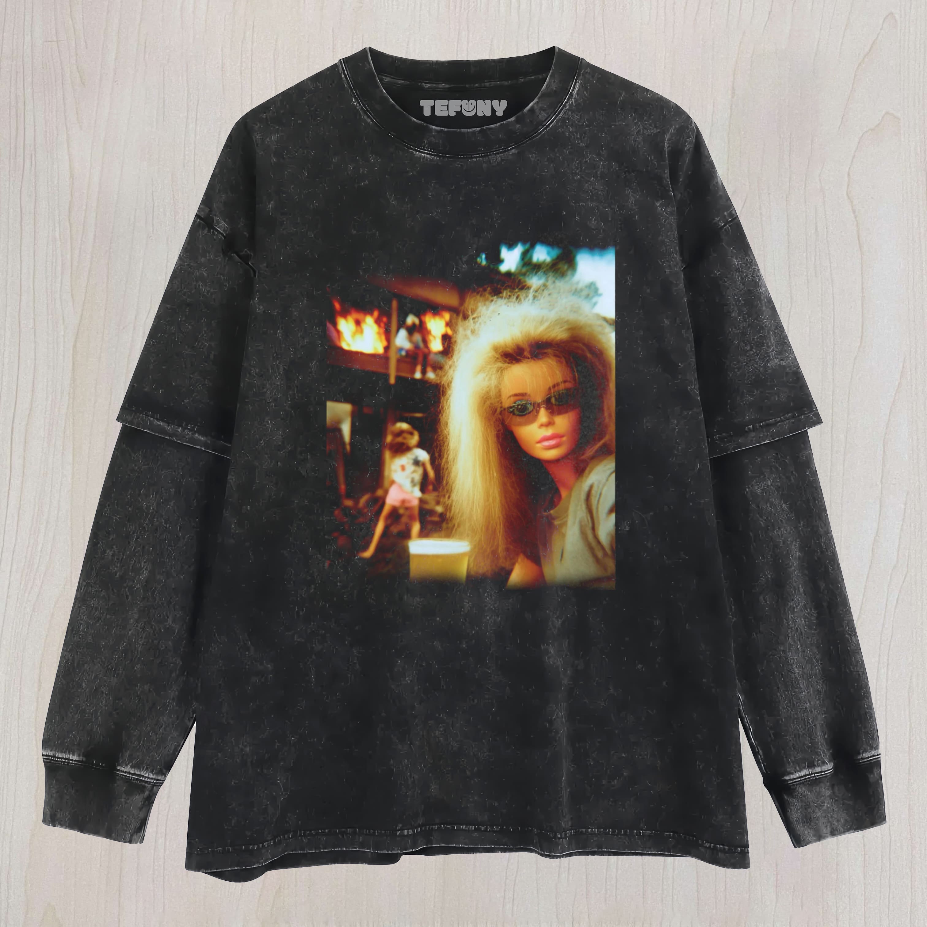 DOLL FACE MEME BURNING DOWN THE HOUSE UNISEX TEE, TANK TOP, LAYERED LS, SWEATSHIRT & HOODIE
