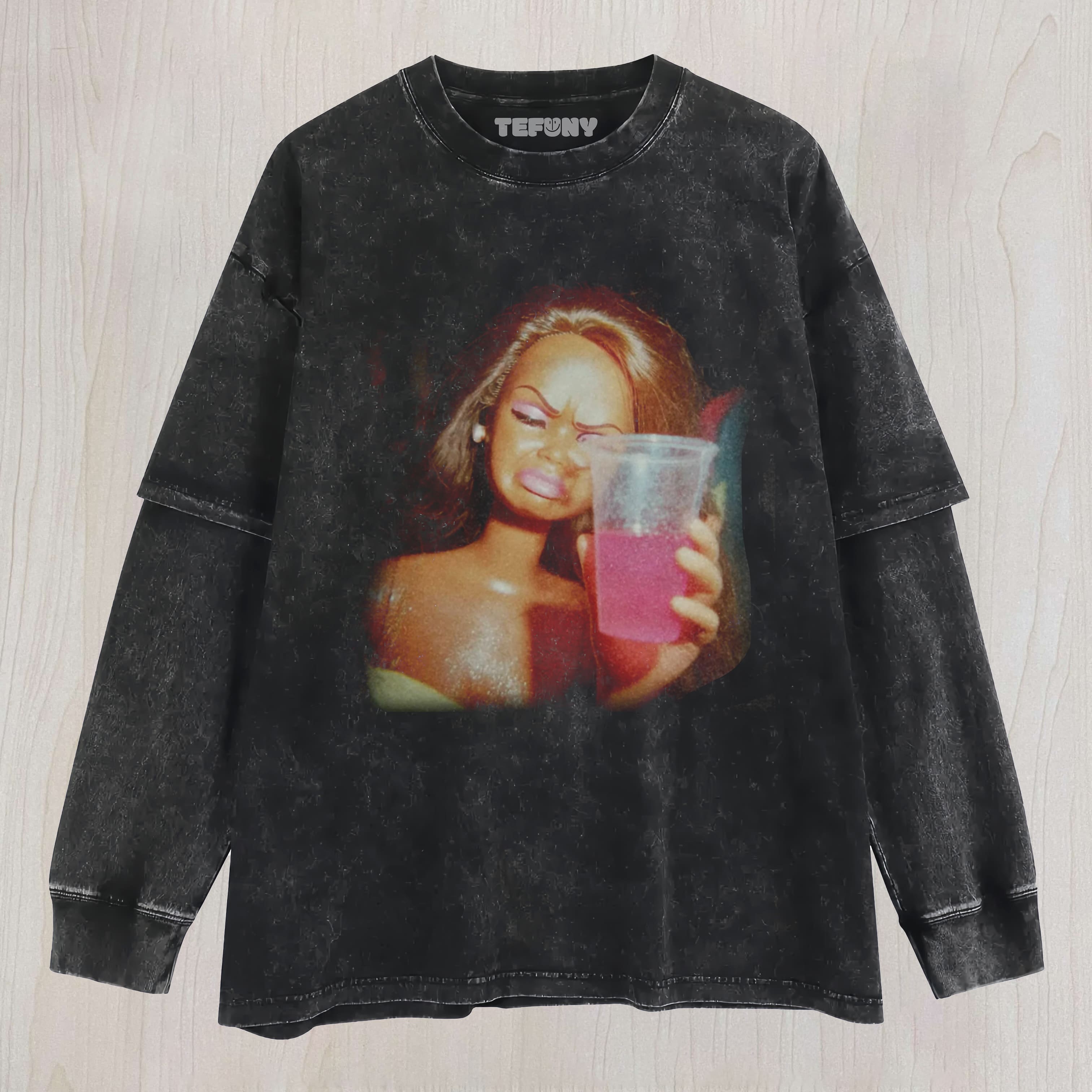 DOLL FACE MEME PINK DRINK UNISEX TEE, TANK TOP, LAYERED LS, SWEATSHIRT & HOODIE