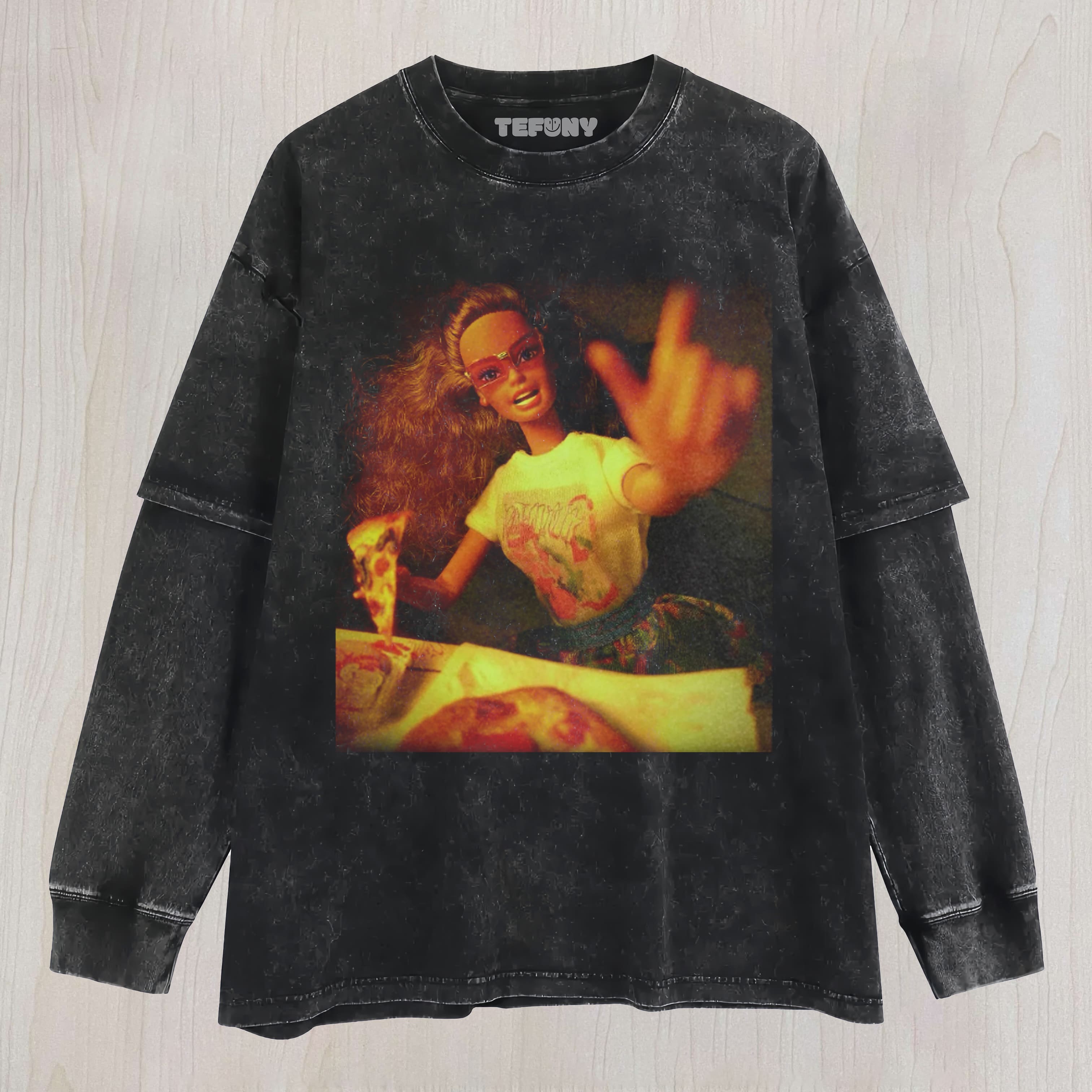 DOLL FACE MEME PIZZA NIGHT VIBE UNISEX TEE, TANK TOP, LAYERED LS, SWEATSHIRT & HOODIE