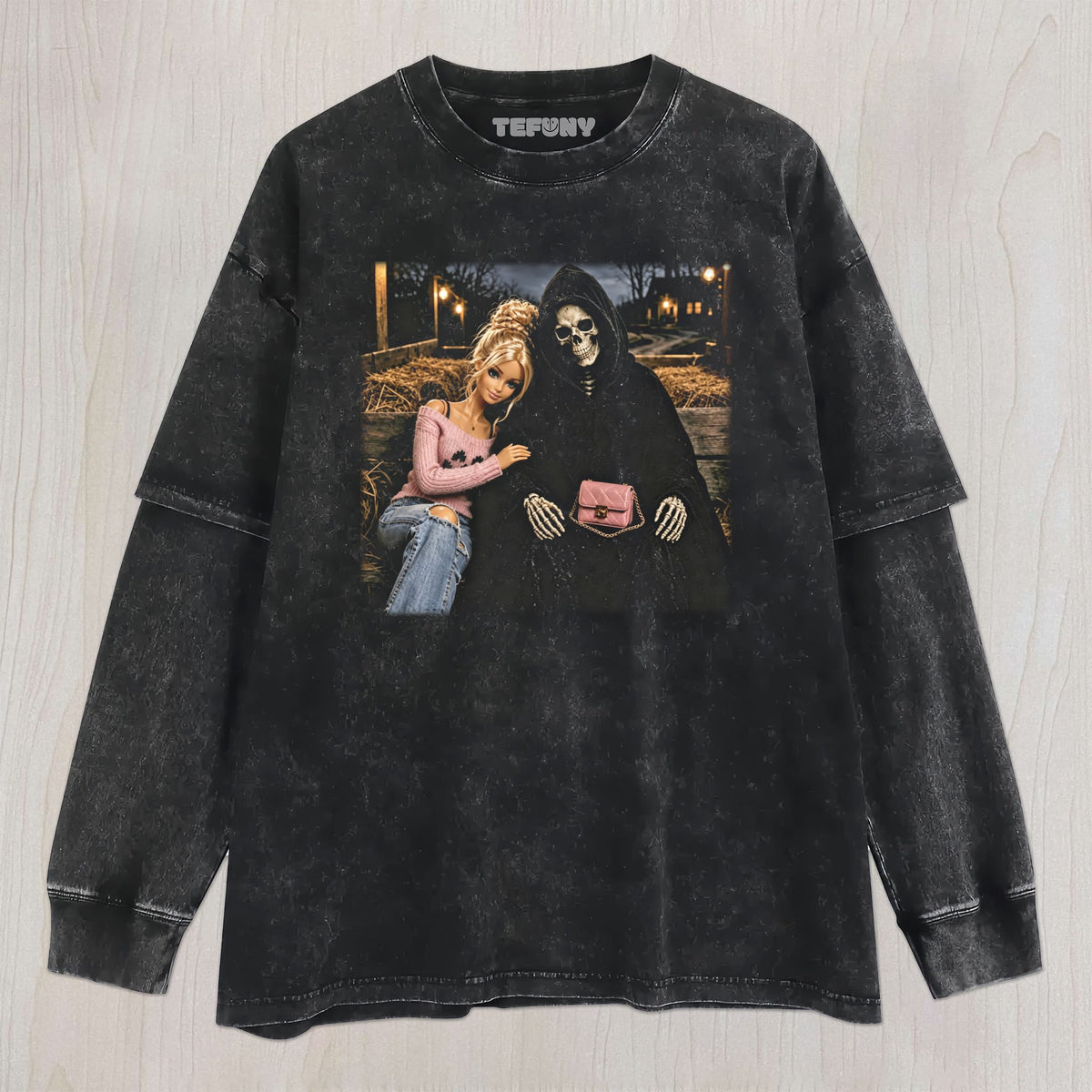 DOLL GIRL GRIM REAPER HALLOWEEN UNISEX TEE, TANK TOP, LAYERED LS, SWEATSHIRT & HOODIE