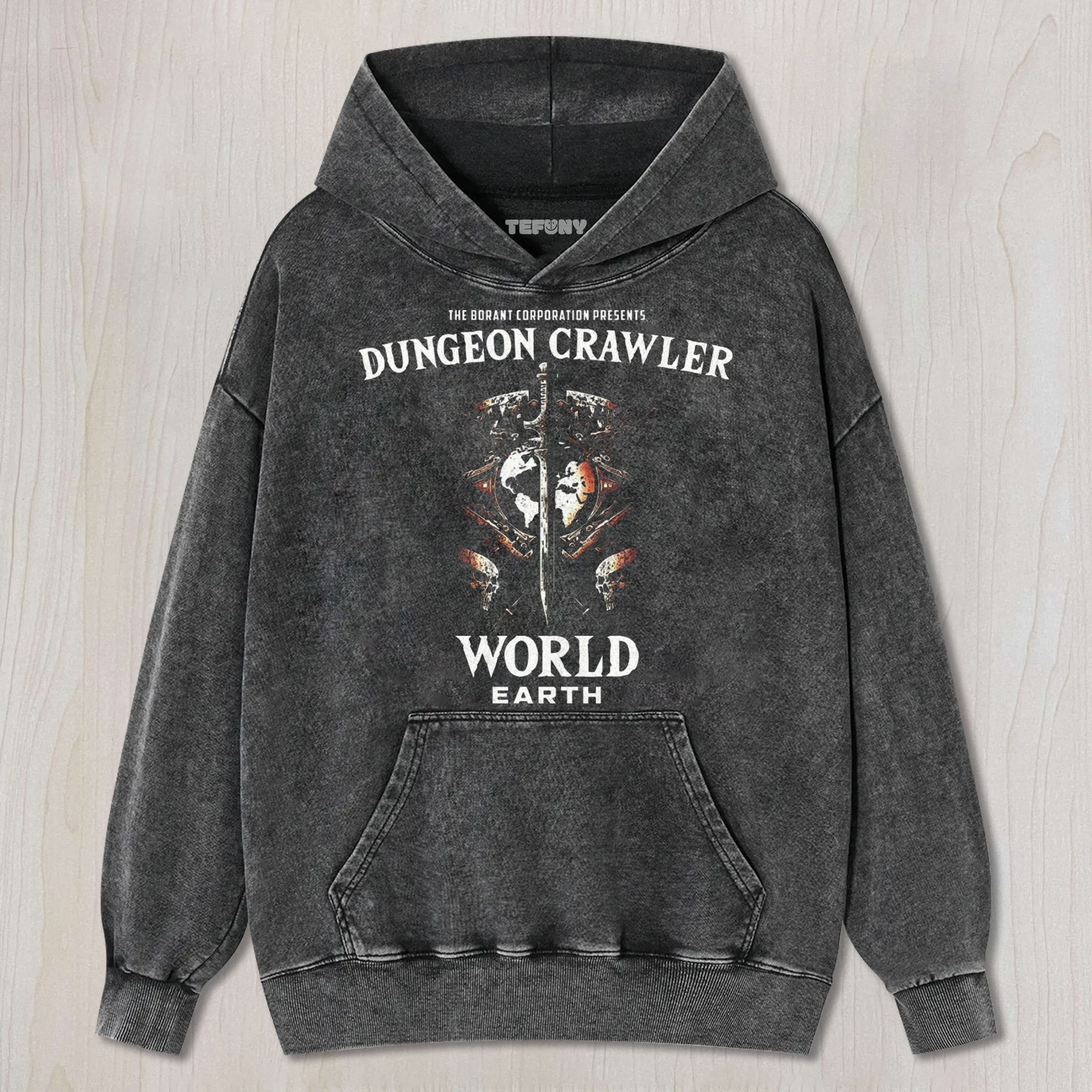 DUNGEON CRAWLER WORLD EARTH FANTASY RPG WASHED TEE & SWEAT & HOOD