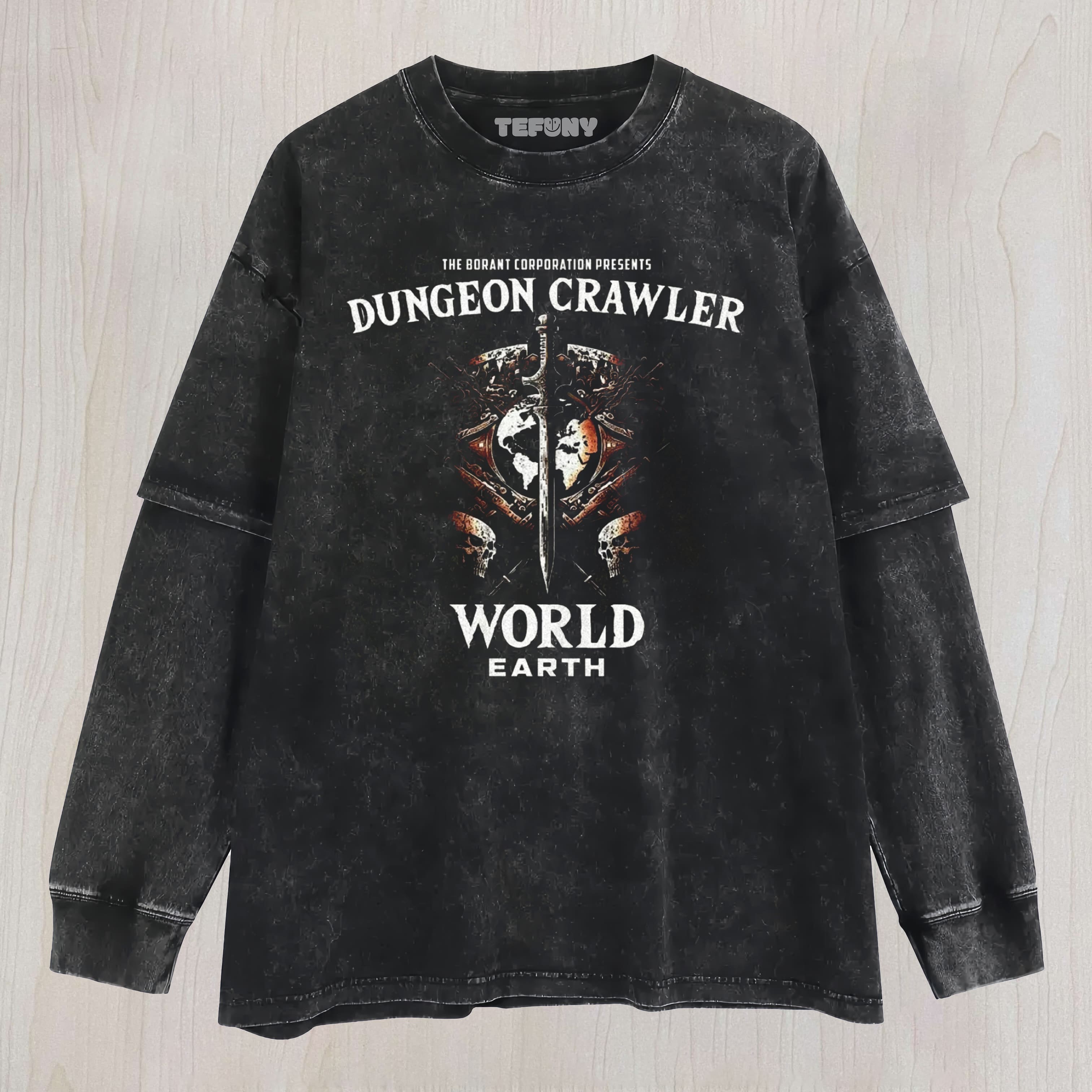 DUNGEON CRAWLER WORLD EARTH FANTASY RPG WASHED LAYERED LONG SLEEVE