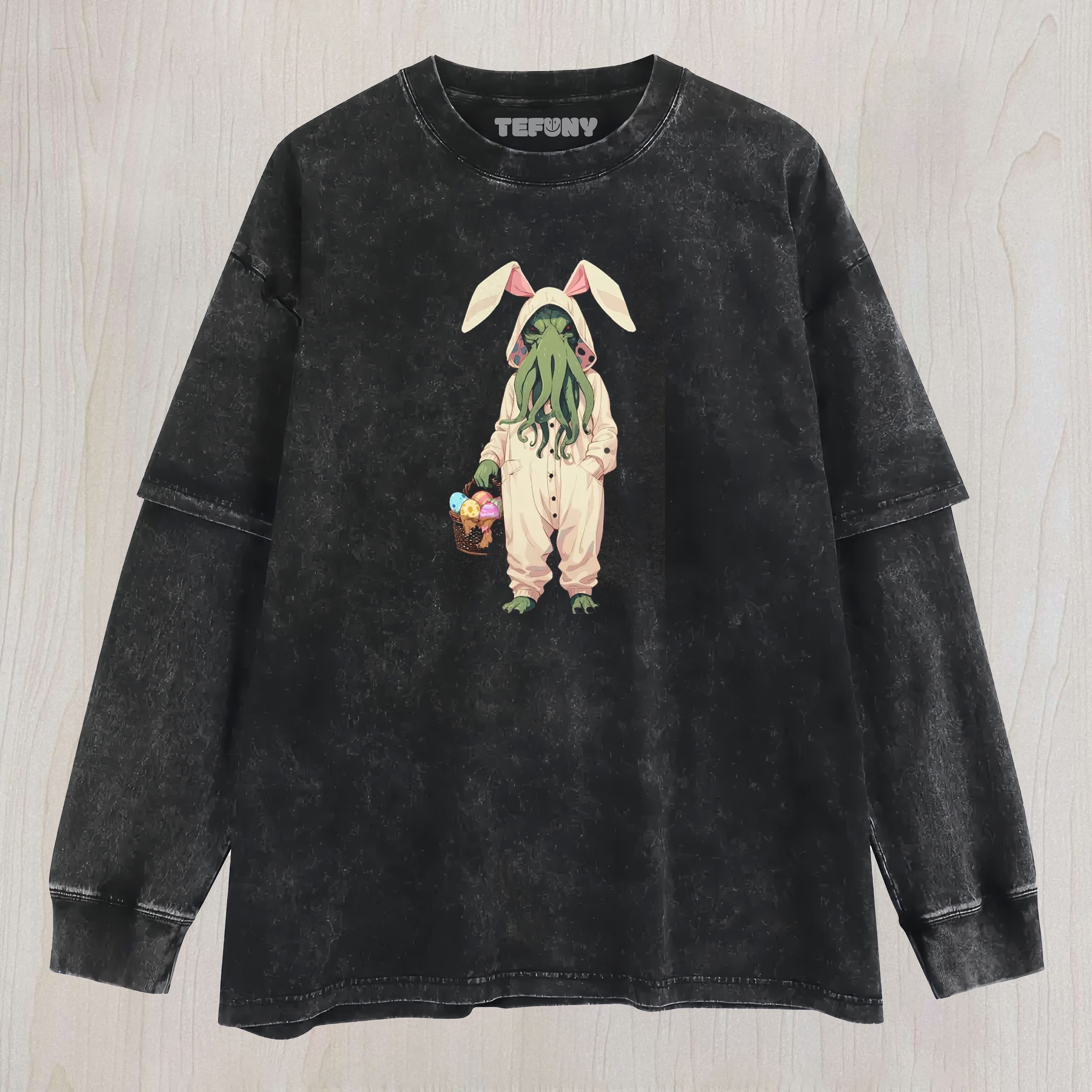 EASTER CTHULHU COSMIC HORROR VINTAGE WASHED LAYERED LONG SLEEVE