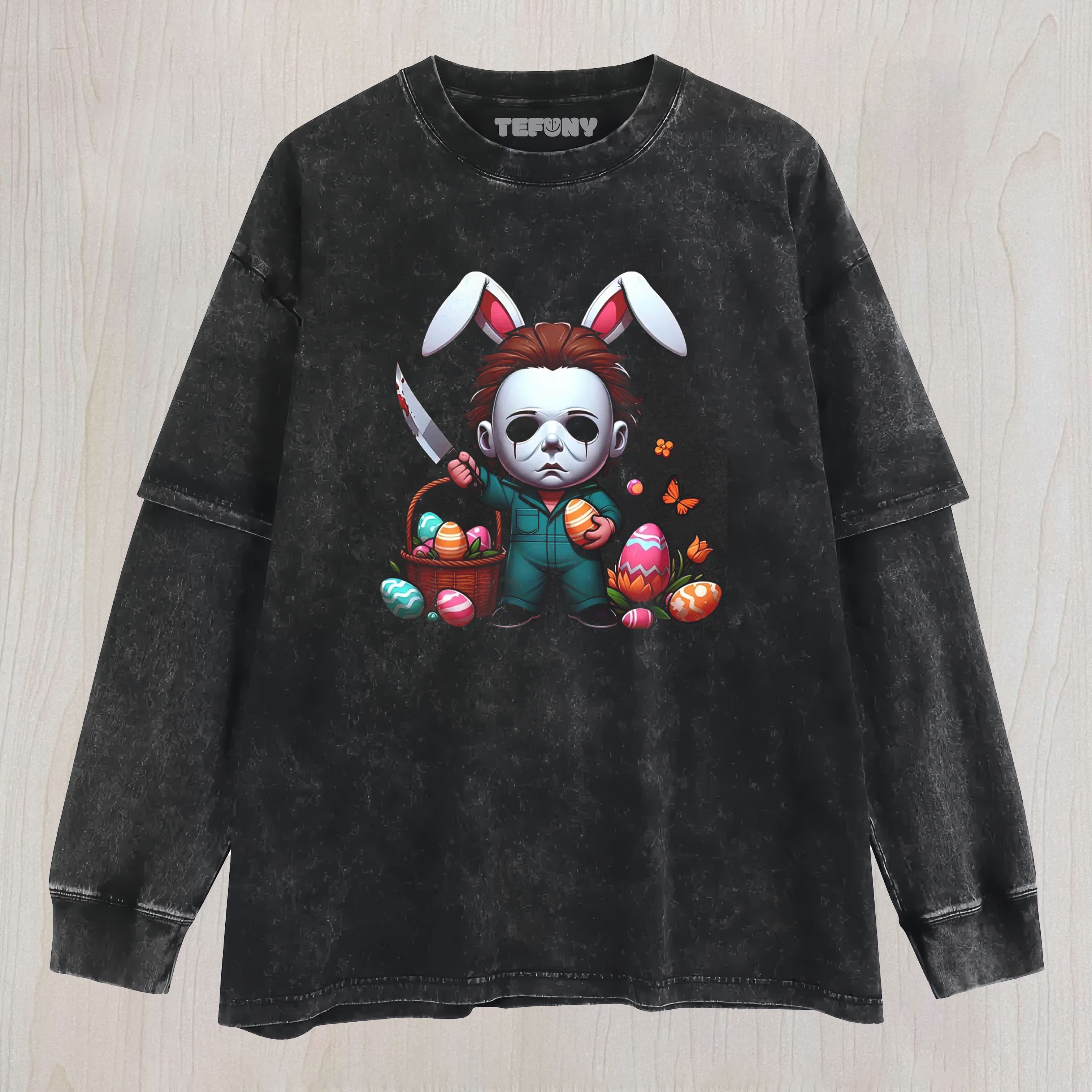 EASTER MICHAEL MYERS HORROR PARODY VINTAGE WASHED LAYERED LONG SLEEVE