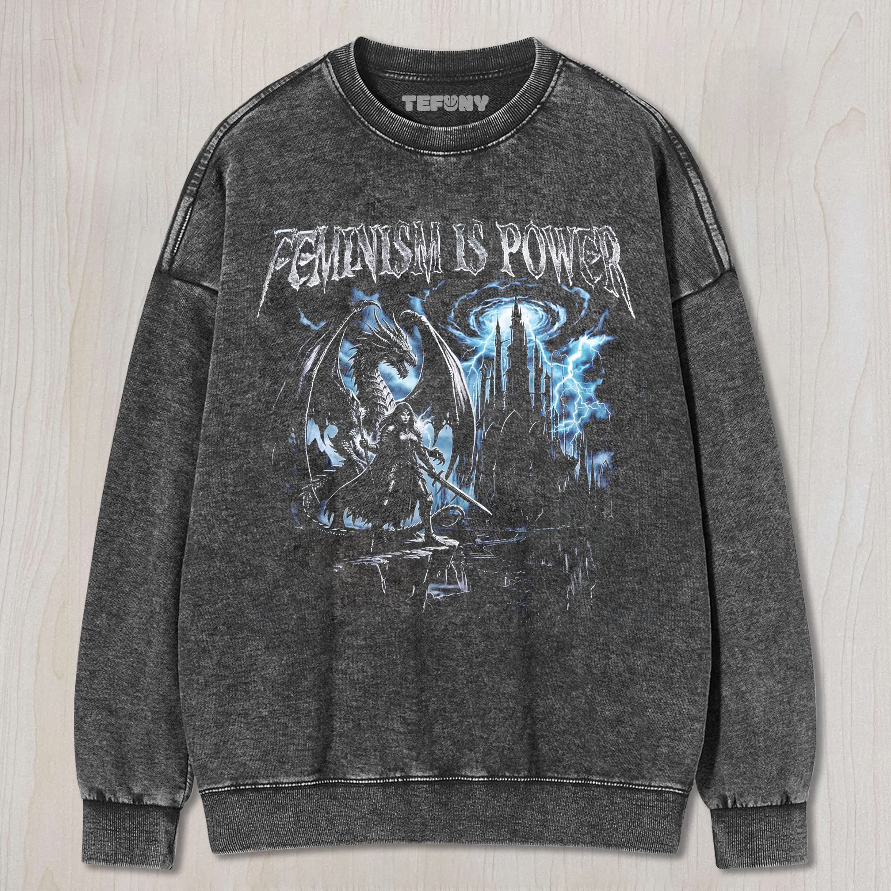 FEMINISM IS POWER DRAGON VINTAGE 90S UNISEX TEE, TANK TOP, LAYERED LS, SWEATSHIRT & HOODIE