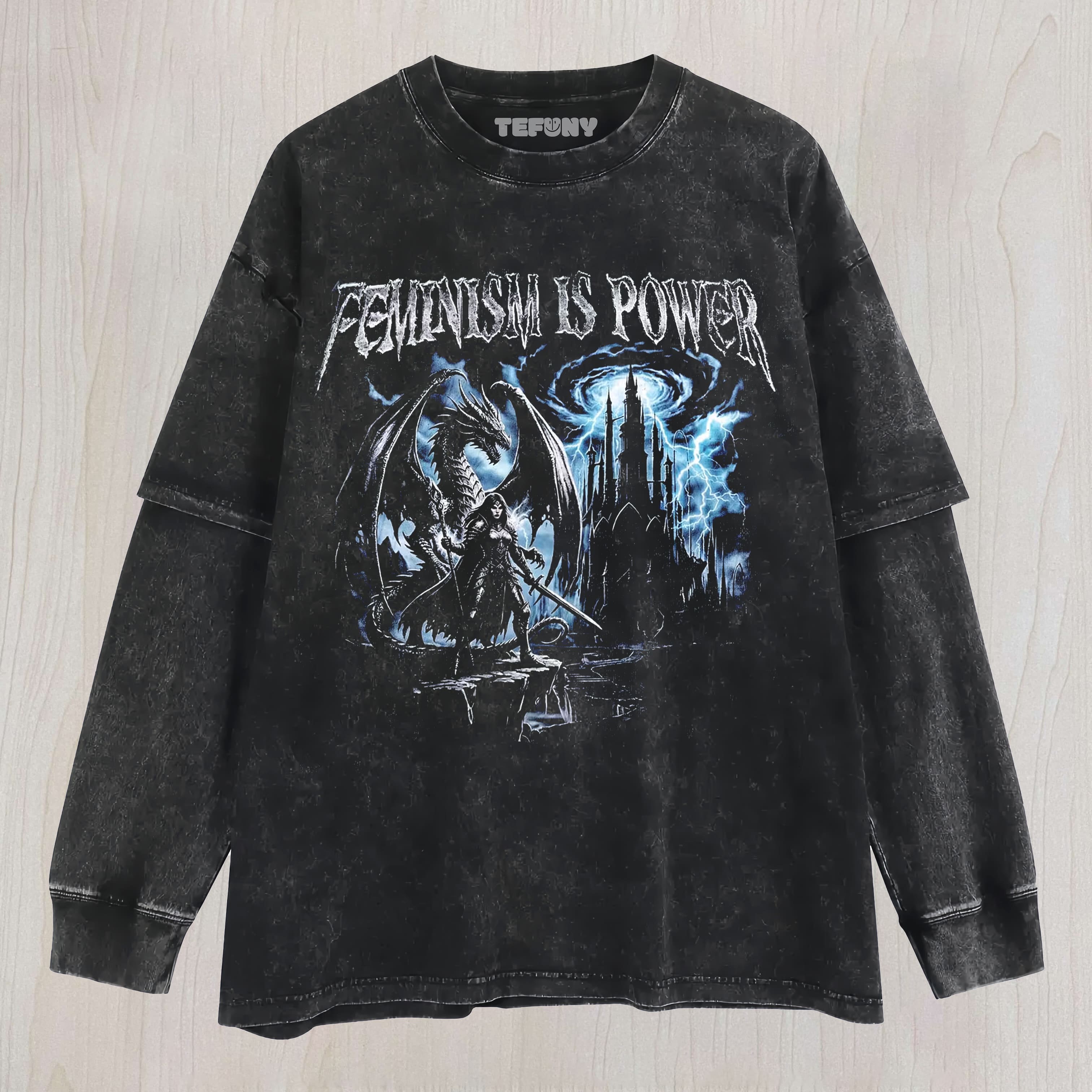 FEMINISM IS POWER DRAGON VINTAGE 90S UNISEX TEE, TANK TOP, LAYERED LS, SWEATSHIRT & HOODIE