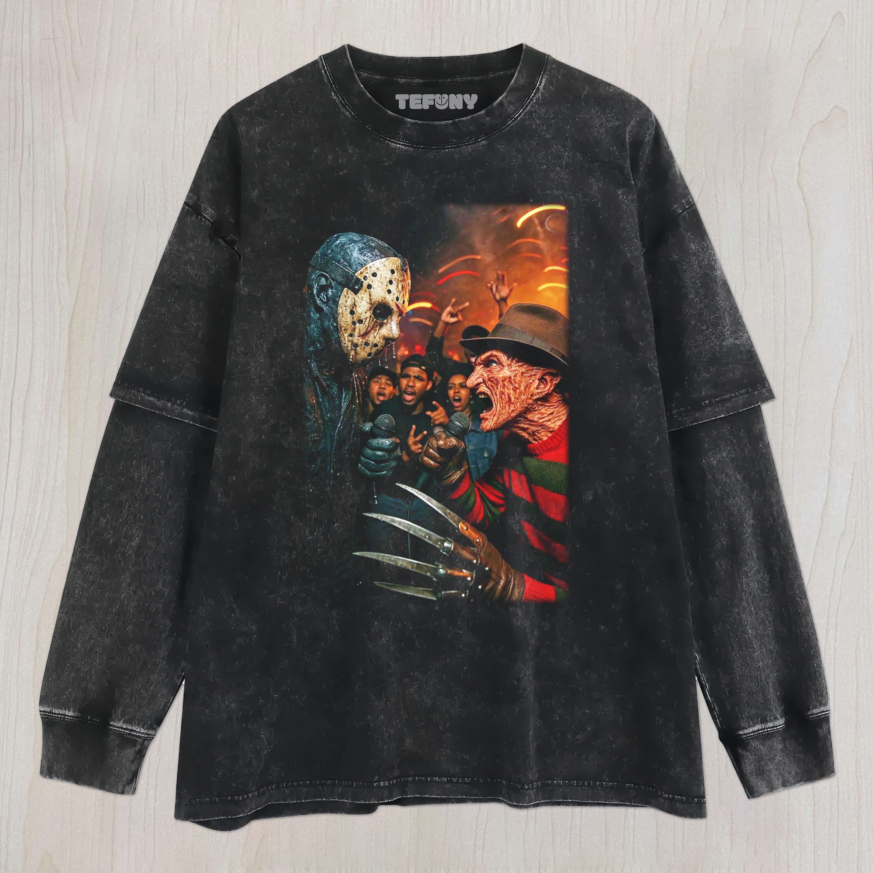 FREDDY AND JASON IN A BATTLE UNISEX TEE, TANK TOP, LAYERED LS, SWEATSHIRT & HOODIE