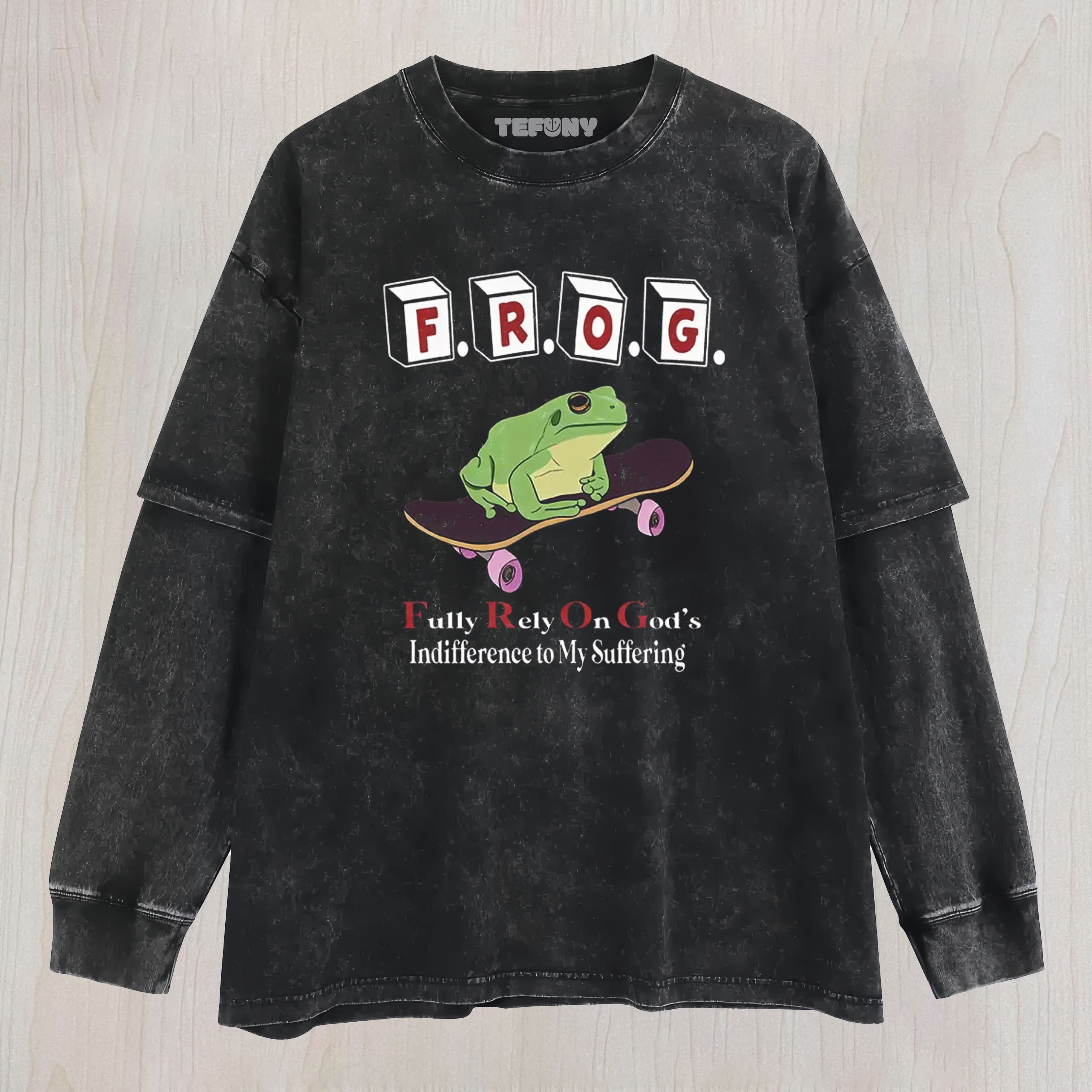 FROG FUNNY MEME WASHED LAYERED LONG SLEEVE